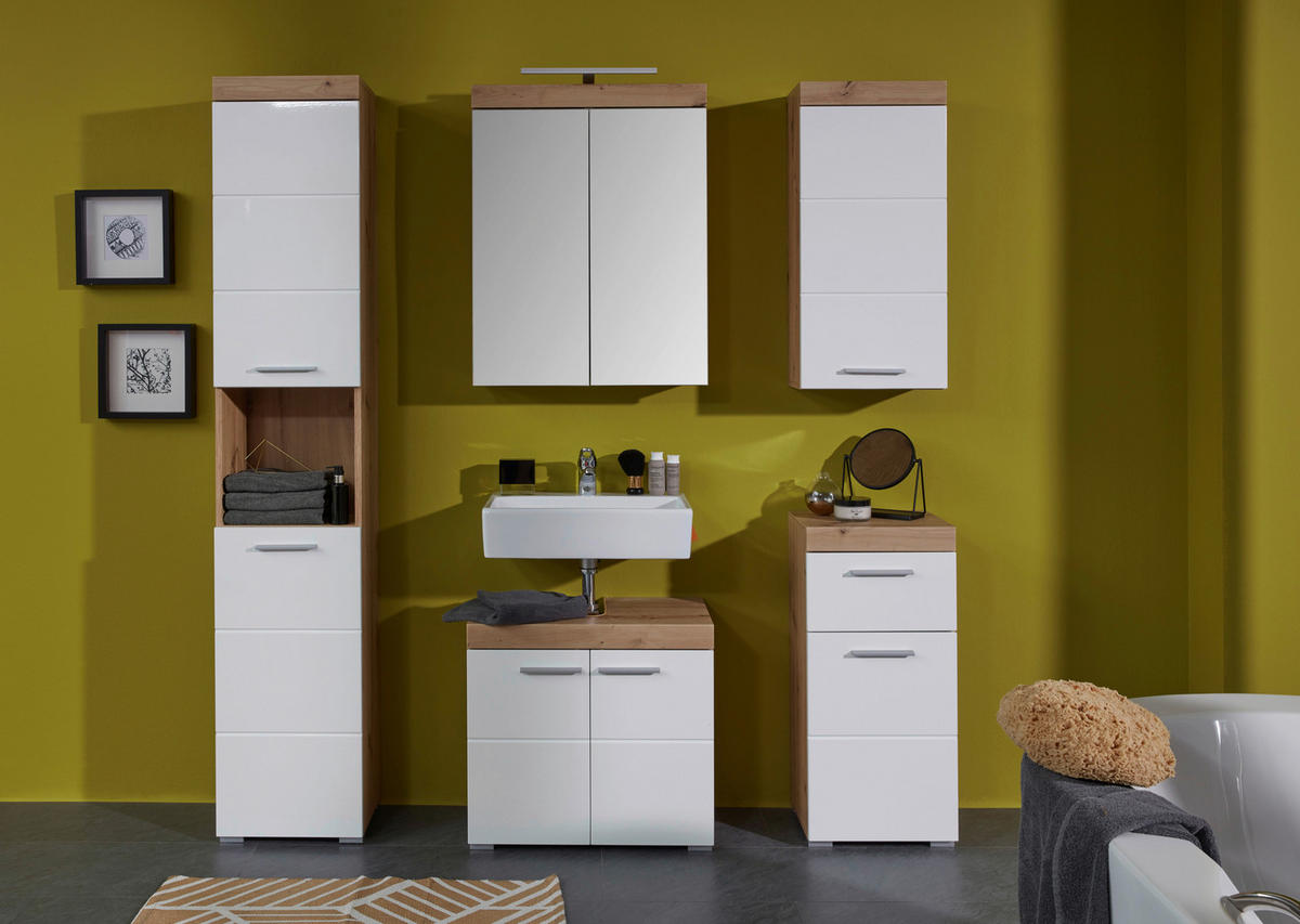 Hochschrank Amanda weiß Hochglanz Asteiche Nachbildung B/H/T: ca. 37x190x31 cm Amanda - weiß (37,00/190,00/31,00cm) - Trendteam