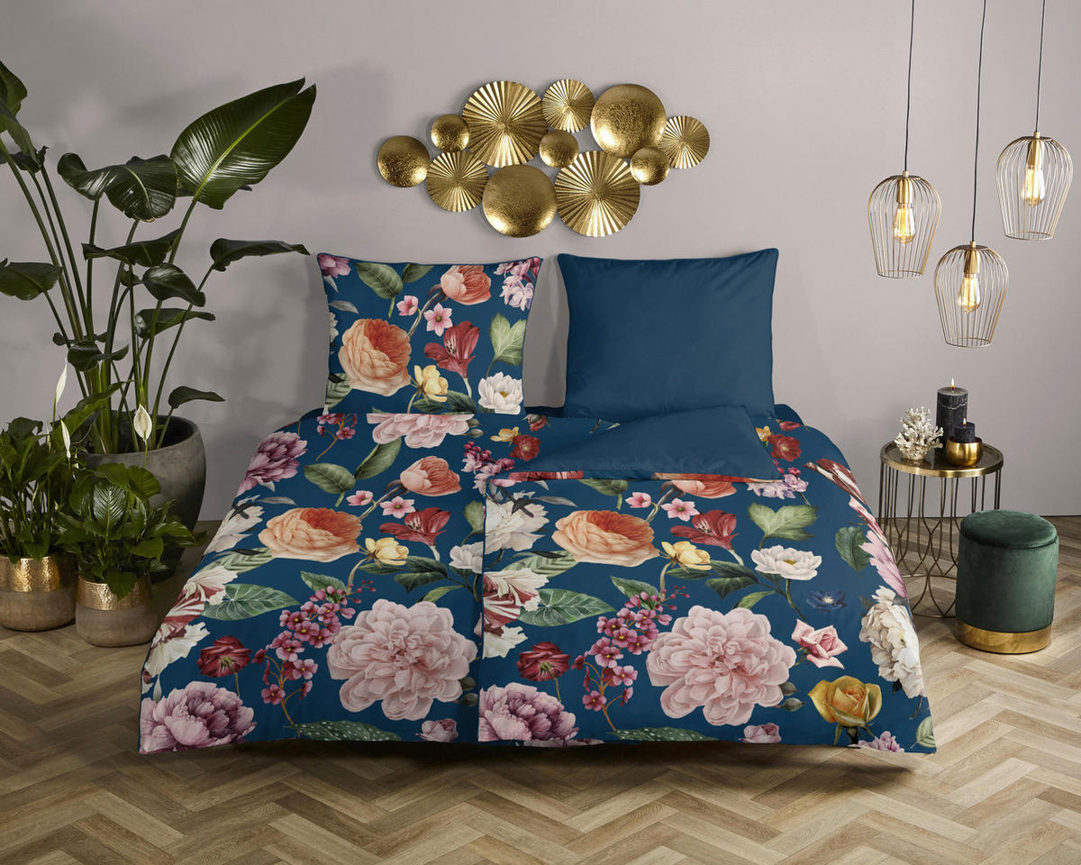 Baumwoll Bettwäsche Fiori Satin Fiori - blau (155,00/220,00cm) - Descanso