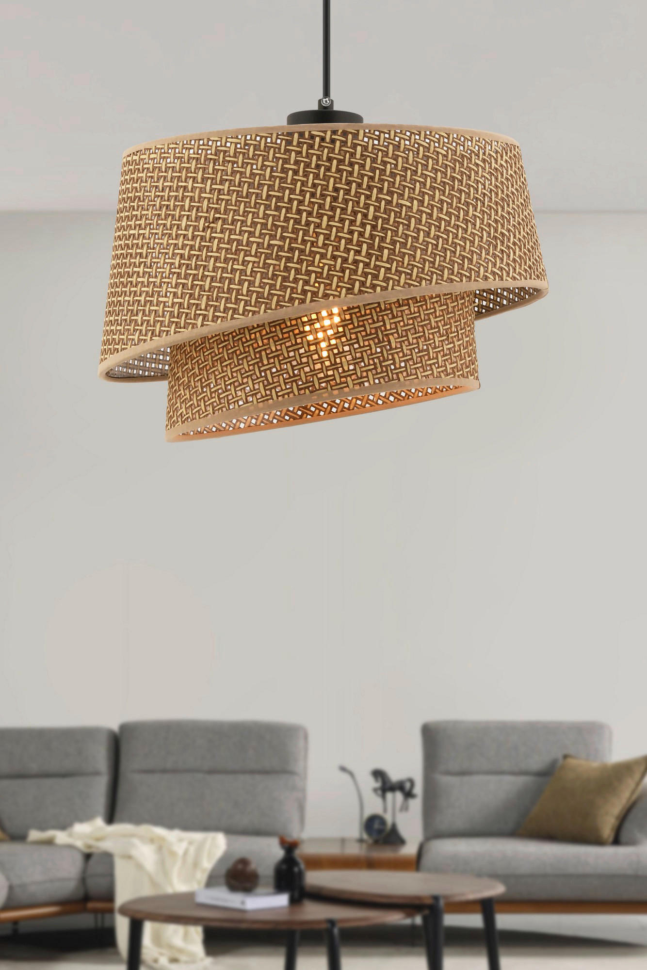 Thumbnail - Opviq Pendelleuchte beige Metall Stoff B/H/L: ca. 32x65x32 cm E27 1 Brennstellen