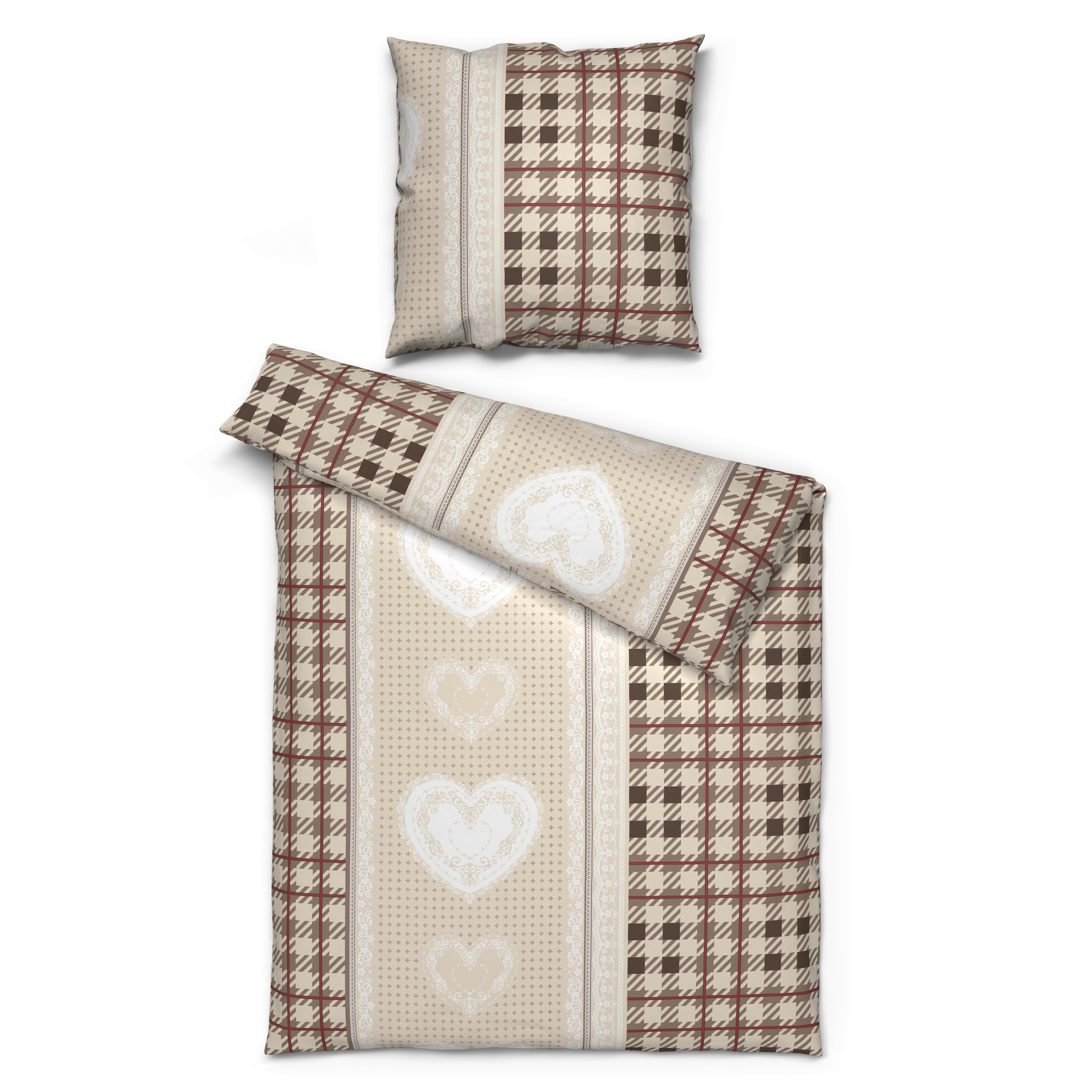 Baumwoll Bettwäsche Biber Bettwäsche_Biber Karo+Herzen135x200 - natur (135,00/200,00cm)