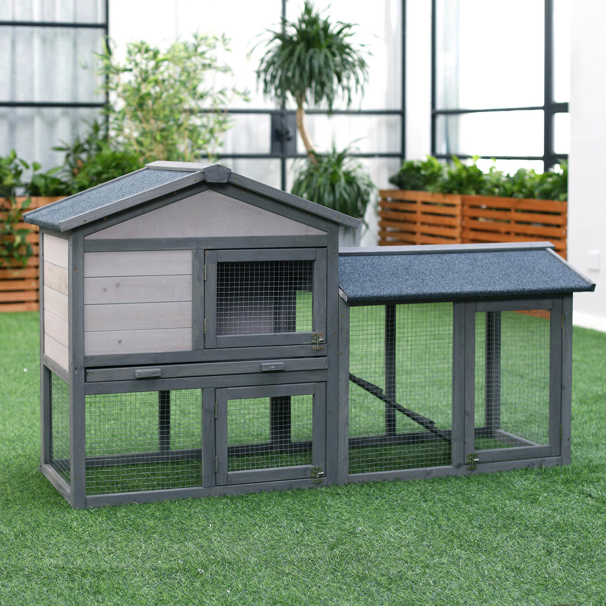 PawHut Kleintierstall grau Holz B/H/L: ca. 54x84x147 cm Kleintierstall - grau (147,00/54,00/84,00cm) - PawHut
