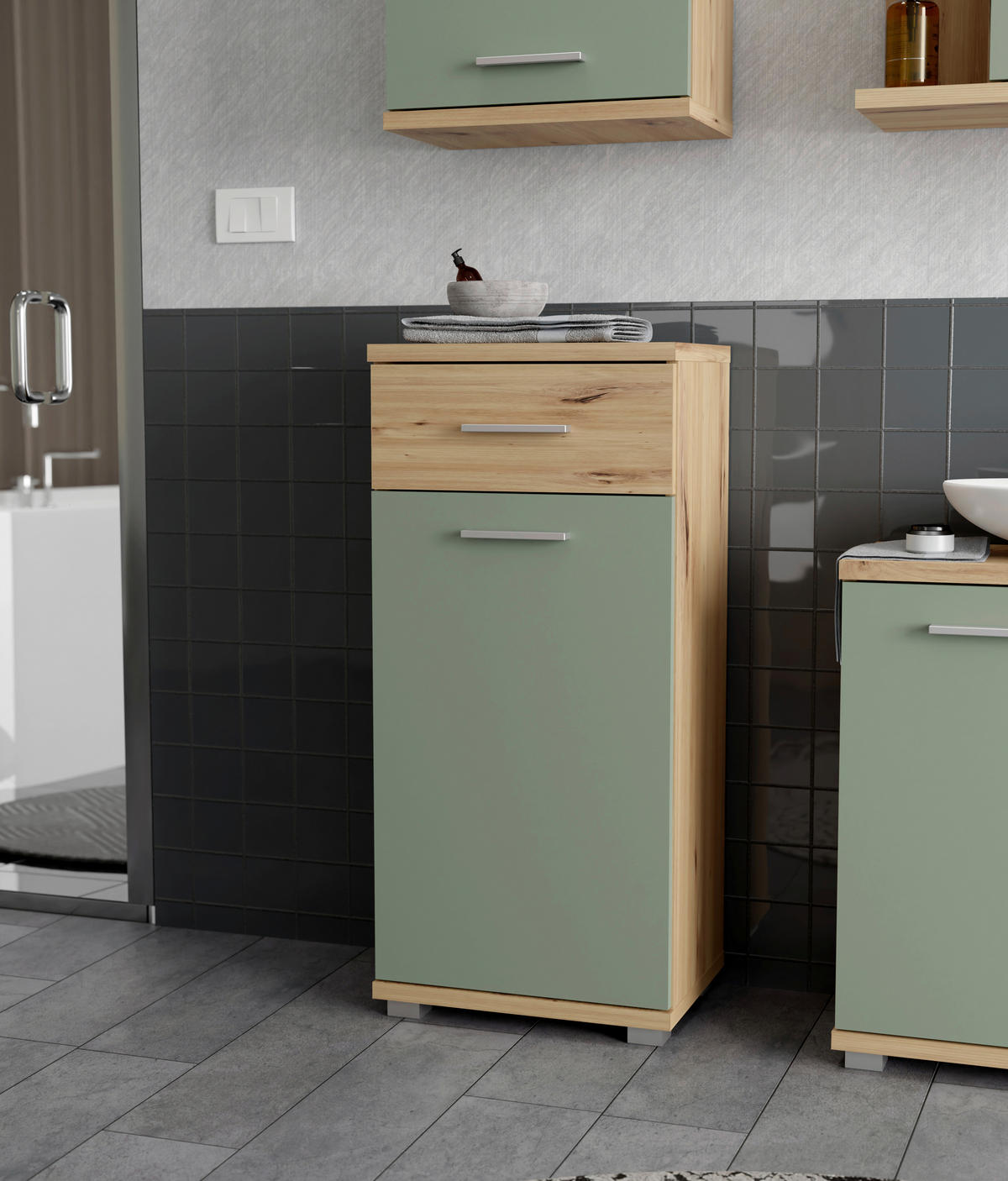 Badkommode  Eiche Artisan Nachbildung salbei B/H/T: ca. 40x88x29 cm Champ_Badkommode CMPK072-M934 - Eiche/salbei (40,00/88,00/29,00cm)