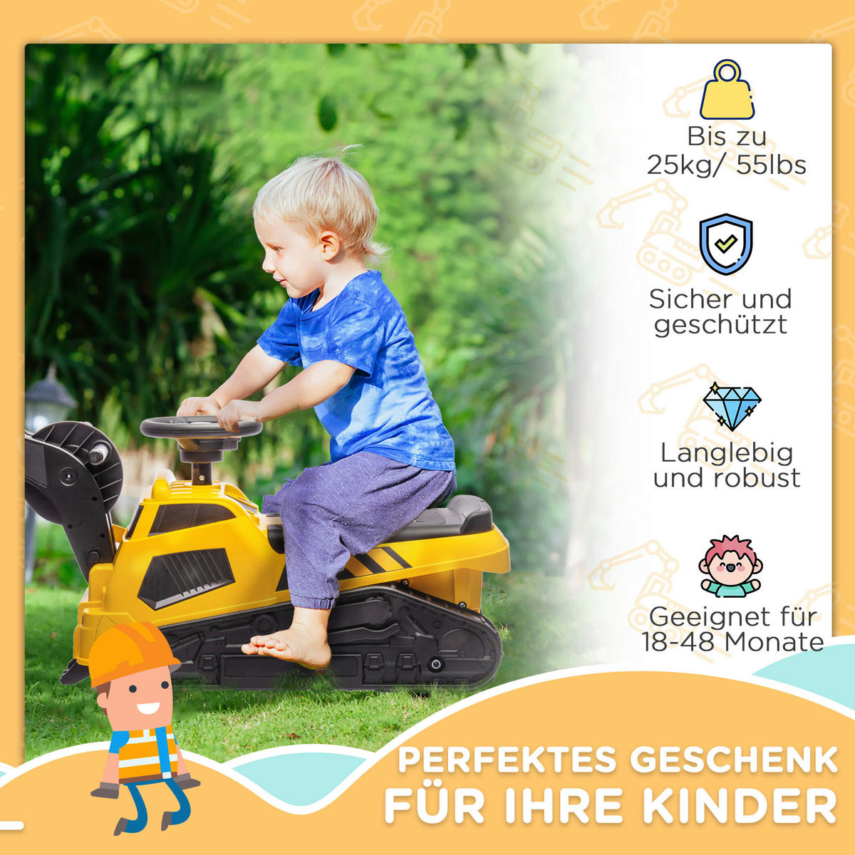 HOMCOM Kinder-Fahrzeug gelb B/H/L: ca. 43x100x48,5 cm Sitzbagger - gelb (48,50/43,00/100,00cm) - HOMCOM