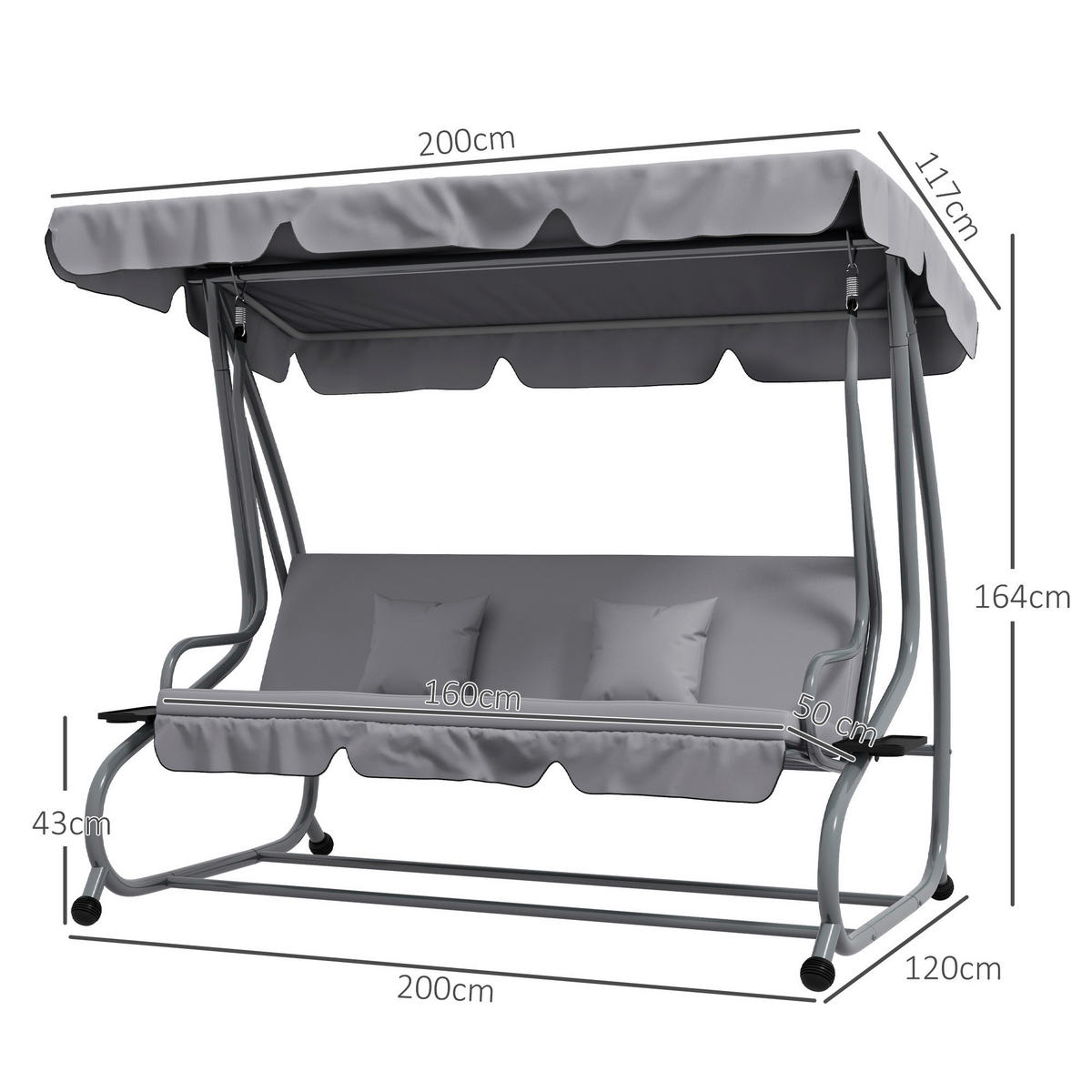 Outsunny Hollywoodschaukel hellgrau Polyester-Mischgewebe B/H/L: ca. 120x164x200 cm Hollywoodschaukel - hellgrau (200,00/120,00/164,00cm) - Outsunny