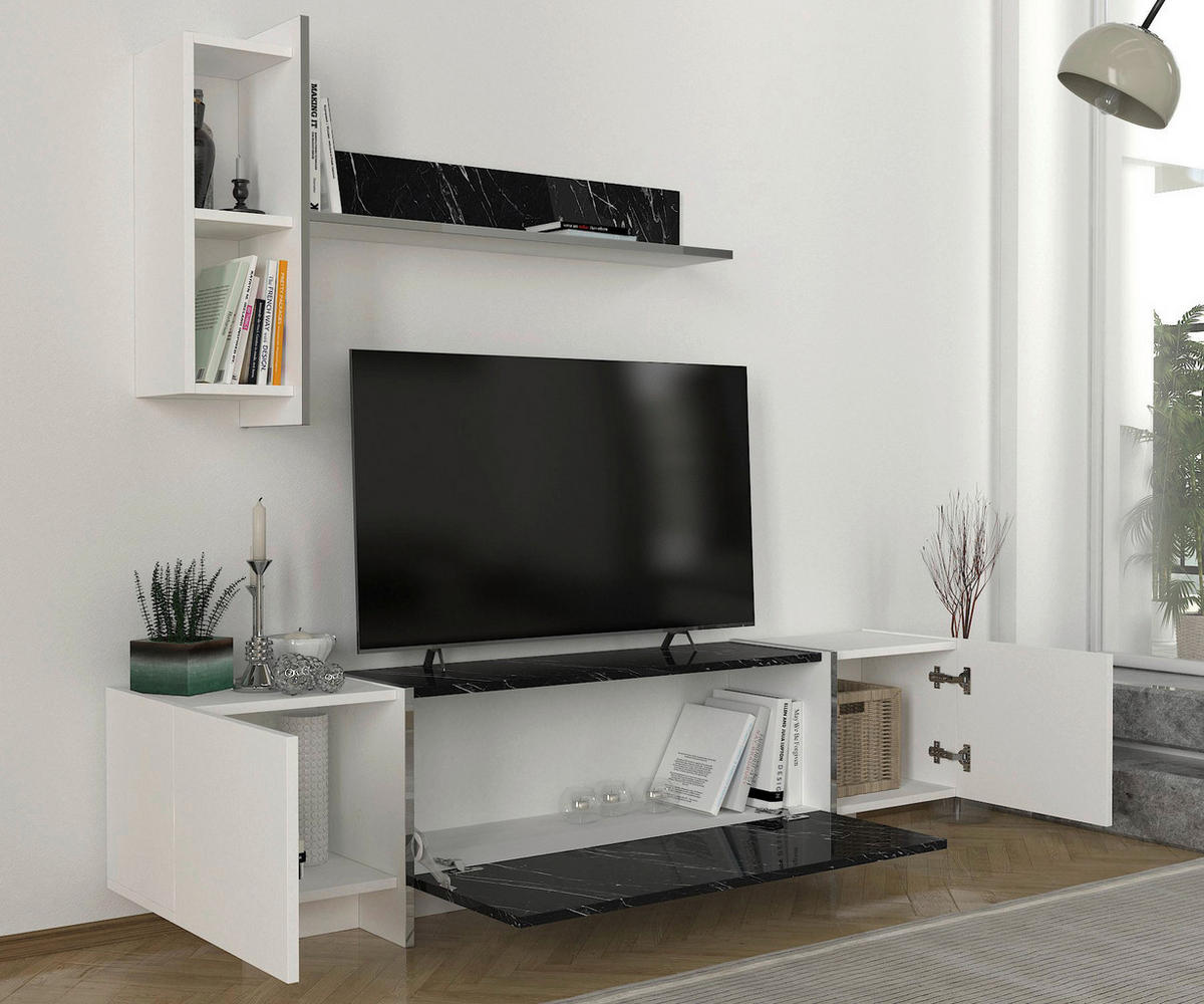 Wohnwand Veyron weiß Marmoroptik schwarz B/H/T: ca. 180x45x32 cm Veyron - weiß/Marmoroptik (180,00/45,00/32,00cm) - moebel17
