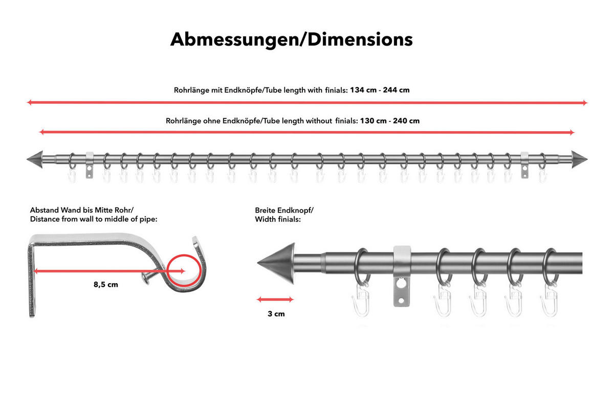 Gardinenstange Kegel Chrom Metall D: ca. 2 cm ausziehbar von ca. 130 bis 240 cm 1.0 Läufe Kegel - Chrom (2,00cm) - LICHTBLICK