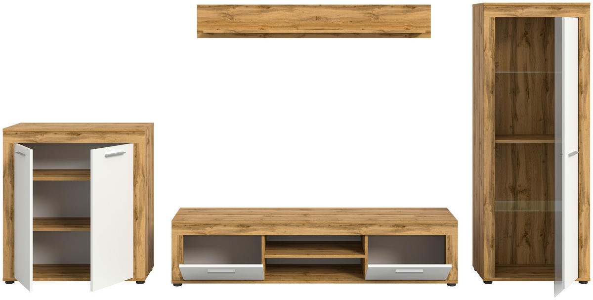 Wohnwand Jam Eiche Wotan Nachbildung weiß B/H/T: ca. 330x159x35 cm Jam - Eiche/weiß (330,00/159,00/35,00cm) - xonox.home