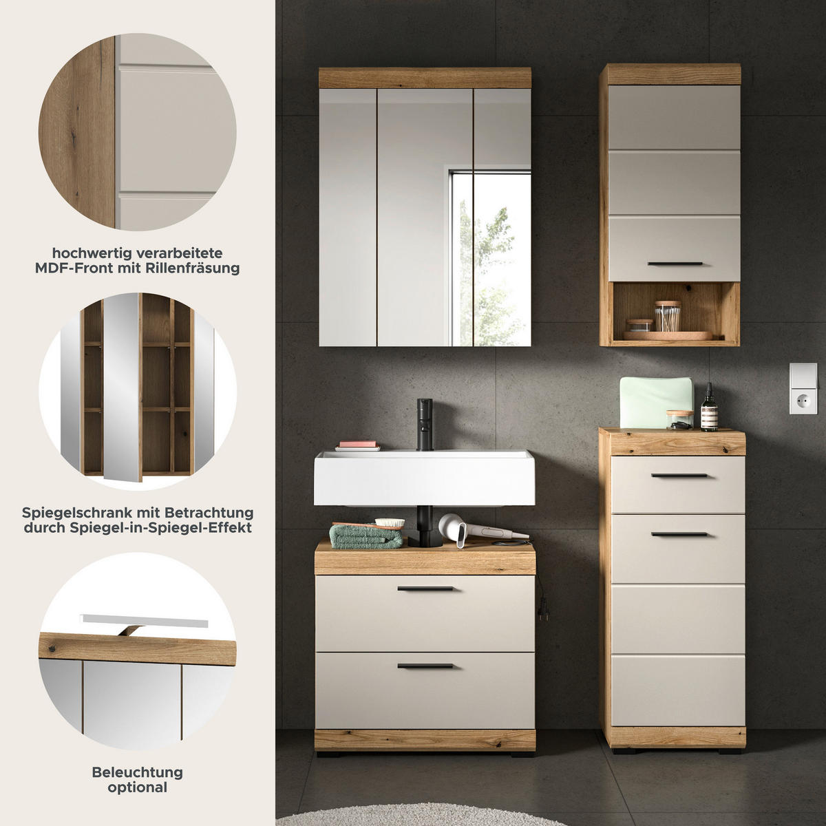 Badezimmer-Set Scout Evoke Oak Nachbildung Kaschmirgrau Nachbildung B/H/T: ca. 112x191x34 cm Scout - Kaschmirgrau (112,00/191,00/34,00cm) - xonox.home