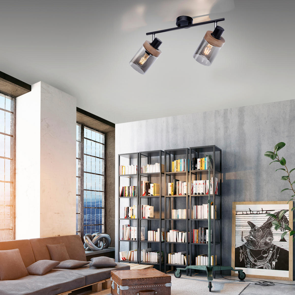 Just Light Spot Pasqual 11312-18 schwarz Rauch Metall Glas B/H/L: ca. 24x30x64 cm E27 2 Brennstellen Spot_2flg.Pasqual - schwarz/Rauch (64,00/24,00/30,00cm) - Just Light