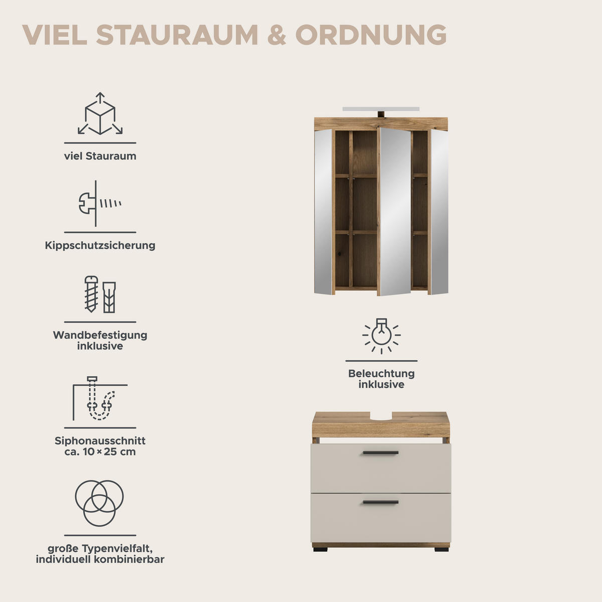 Badezimmer-Set Scout Evoke Oak Nachbildung Kaschmirgrau Nachbildung B/H/T: ca. 60x191x34 cm Scout - Kaschmirgrau (60,00/191,00/34,00cm) - xonox.home