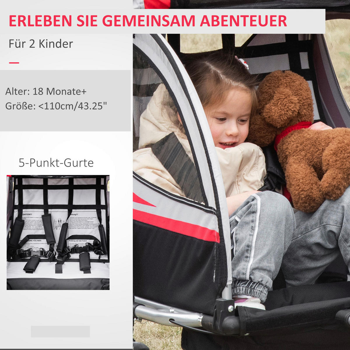HOMCOM Fahrradanhänger schwarz schwarz B/H/L: ca. 75x142x101 cm Kinderanhänger - rot/schwarz (101,00/75,00/142,00cm) - HOMCOM