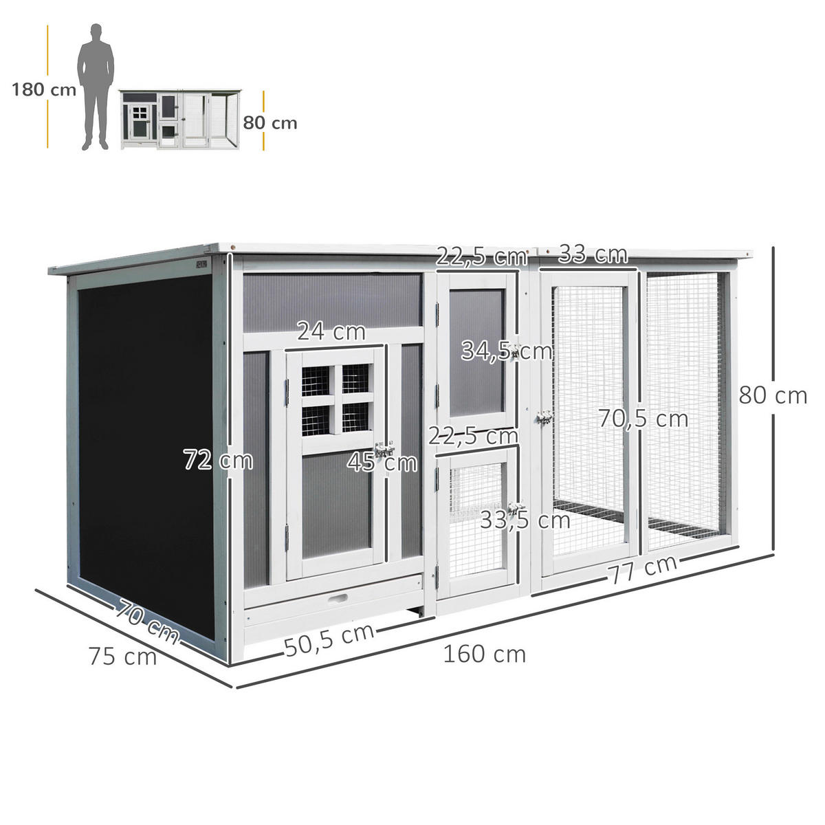 PawHut Stall weiß Polypropylen B/H/L: ca. 75x160x80 cm Hühnerstall - weiß/grau (80,00/75,00/160,00cm) - PawHut
