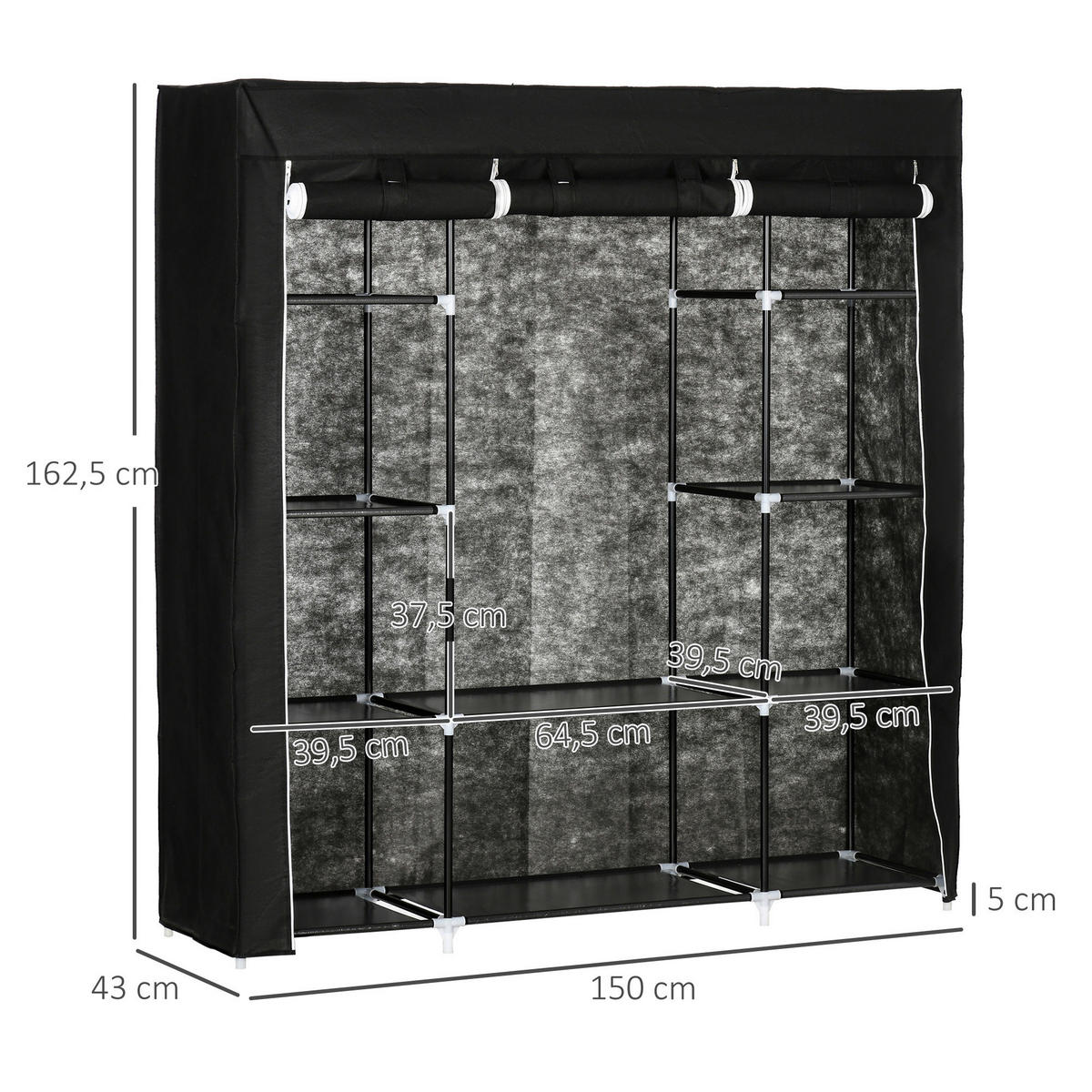 HOMCOM Kleiderschrank schwarz Edelstahl B/H/L: ca. 43x150x162,5 cm Stoffschrank - schwarz (162,50/43,00/150,00cm) - HOMCOM
