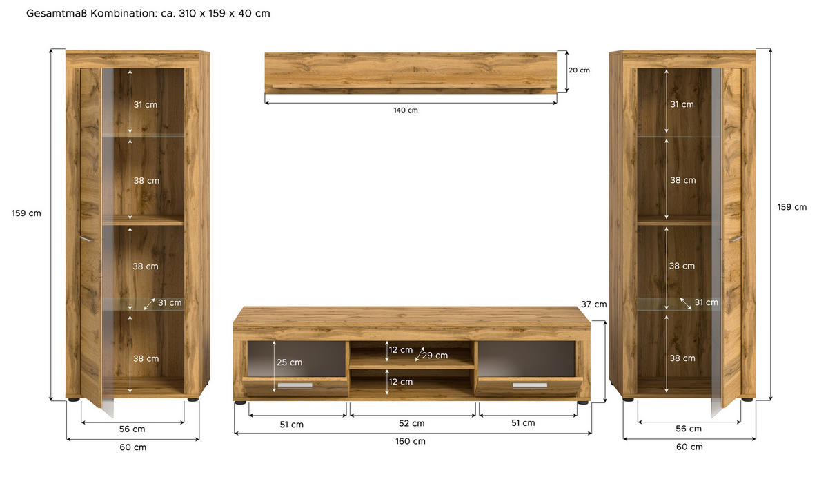 Wohnwand Jam Eiche Wotan Nachbildung B/H/T: ca. 310x159x35 cm Jam - Eiche (310,00/159,00/35,00cm) - xonox.home