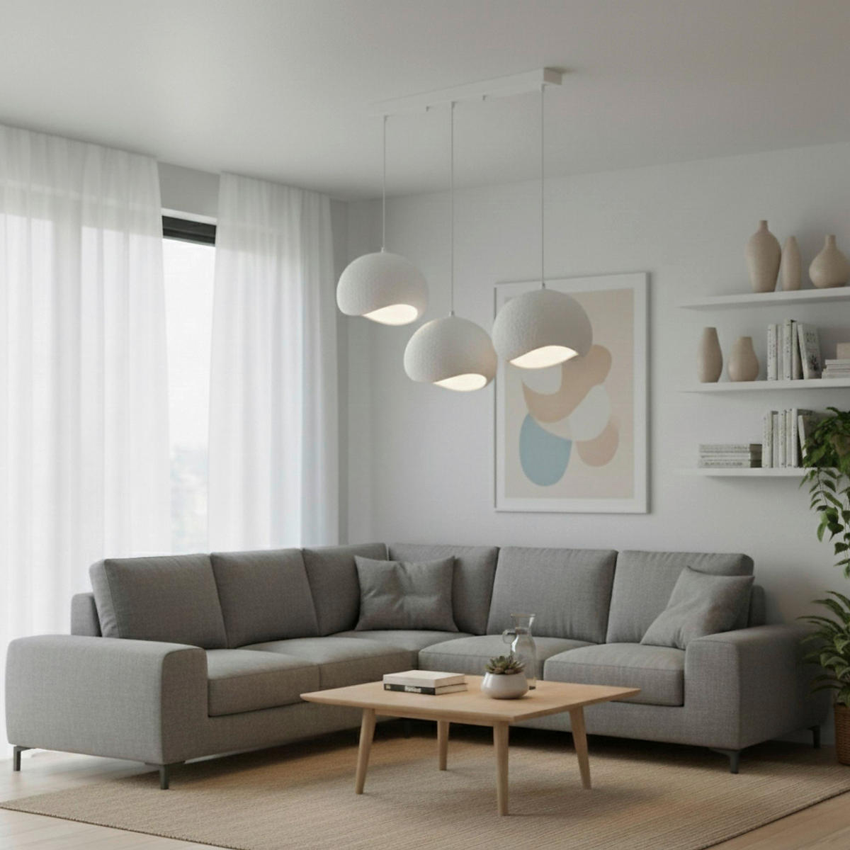 Opviq Pendelleuchte weiß Metall Polyester-Mischgewebe B/H/L: ca. 29x120x34 cm E27 3 Brennstellen Yontu - 15853 - A - weiß (34,00/29,00/120,00cm) - Opviq