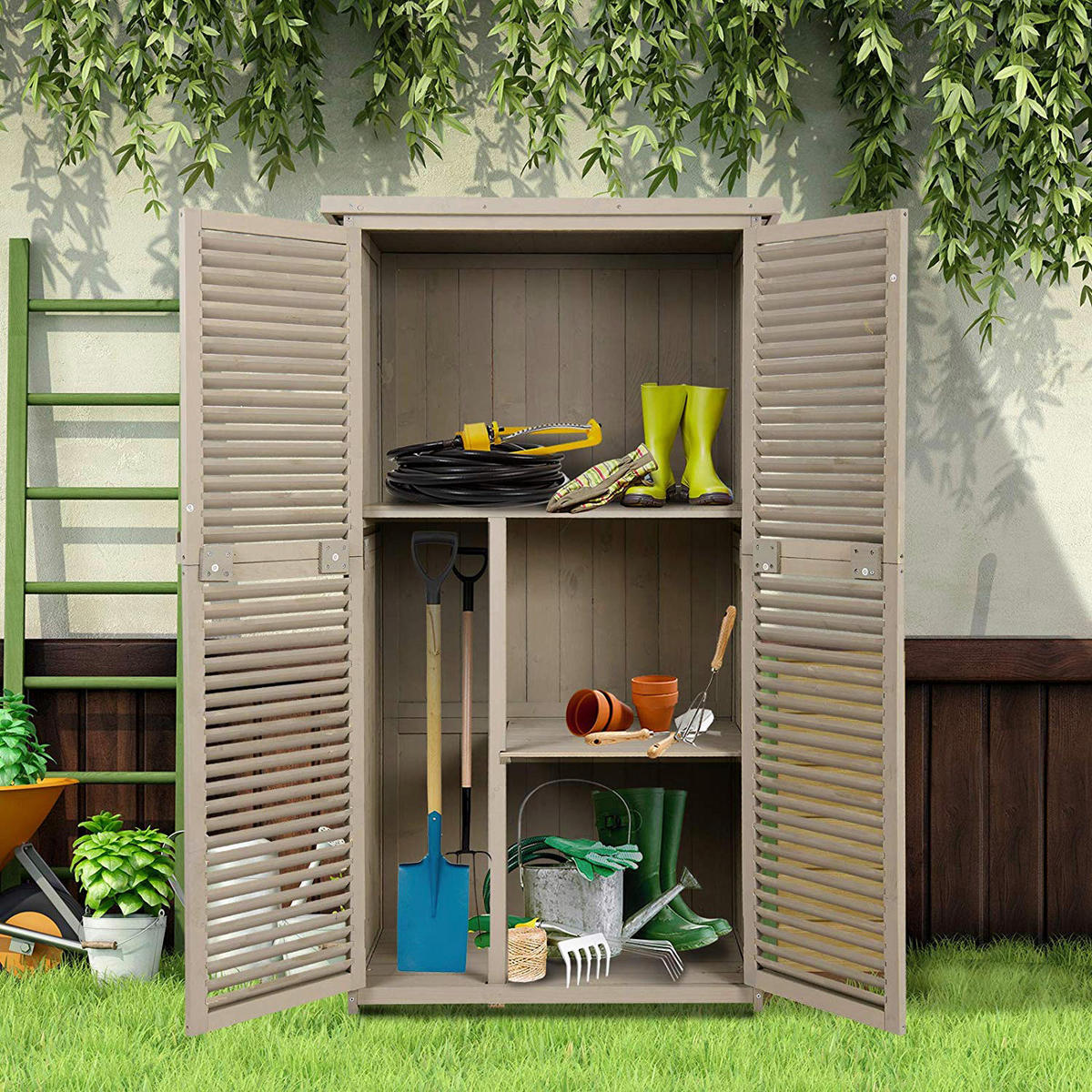 Outsunny Gartenschrank grau Kiefer B/H/L: ca. 46,5x160x87 cm Gartenschrank_mit_4_Fächer - grau (87,00/46,50/160,00cm) - Outsunny