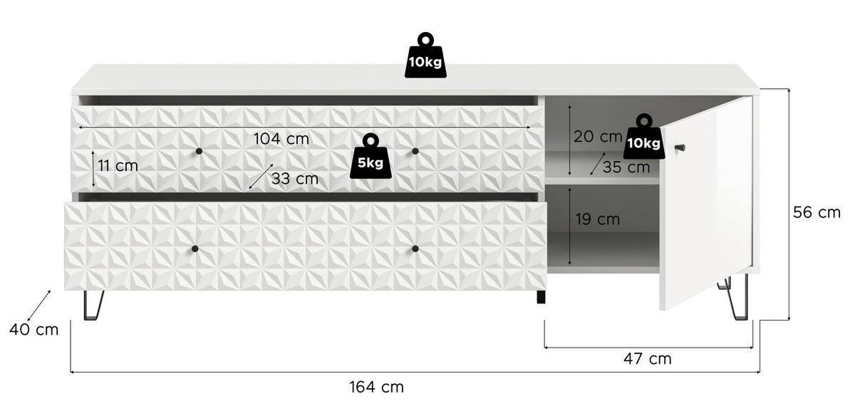 Lowboard PRISMA weiß weiß Hochglanz B/H/T: ca. 164x56x40 cm PRISMA - weiß (164,00/56,00/40,00cm) - xonox.home