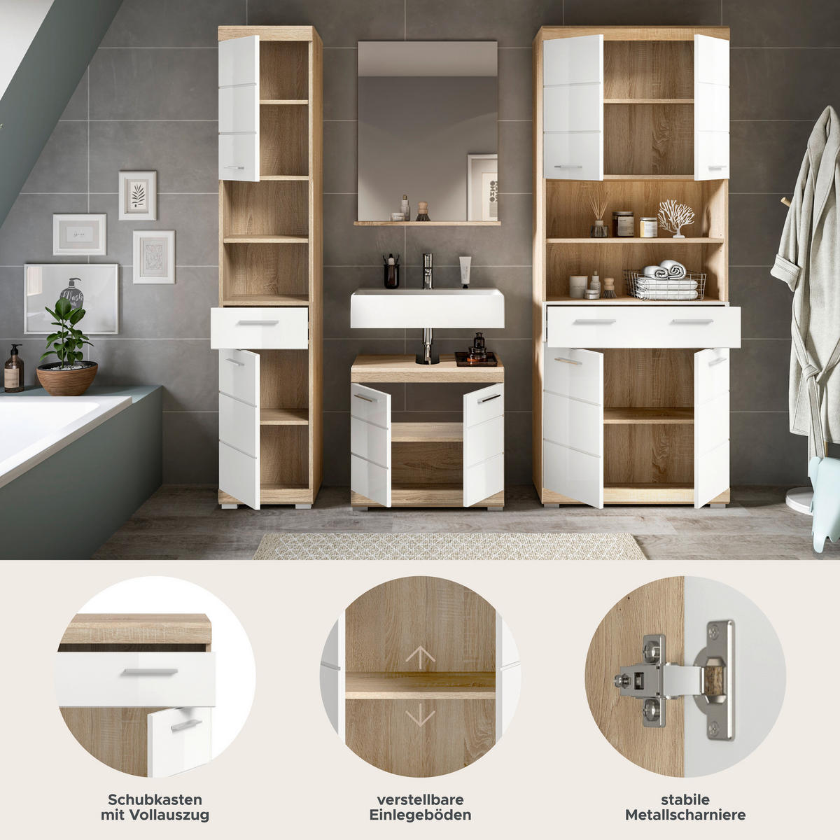 Badezimmer-Set Lambada Eiche Sonoma Nachbildung weiß Hochglanz B/H/T: ca. 186x191x34 cm Lambada - Eiche/weiß (186,00/191,00/34,00cm) - xonox.home