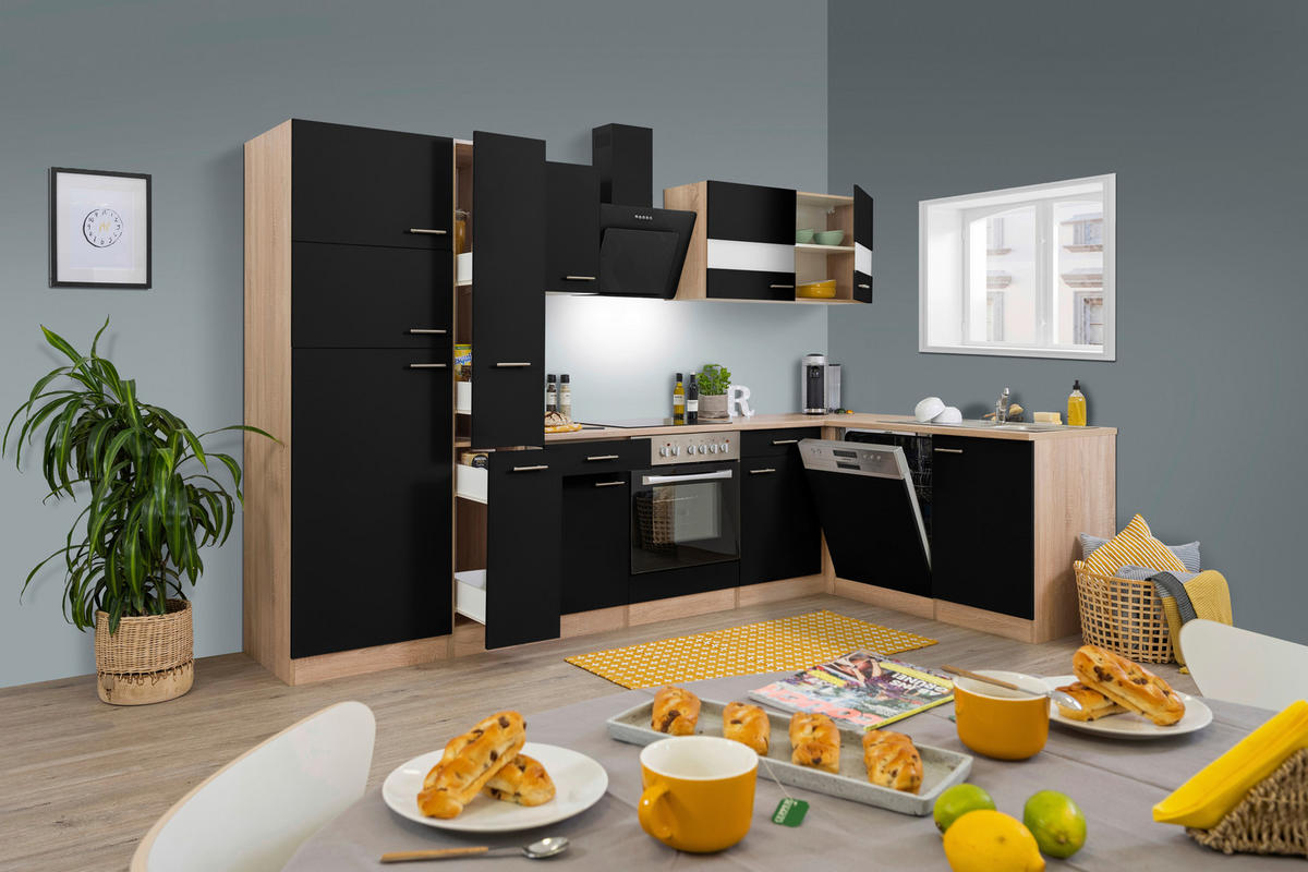 Respekta Winkelküche Economy schwarz matt B/H/T: ca. 310x200x172 cm Economy - Eiche/schwarz (310,00/200,00/172,00cm) - Respekta