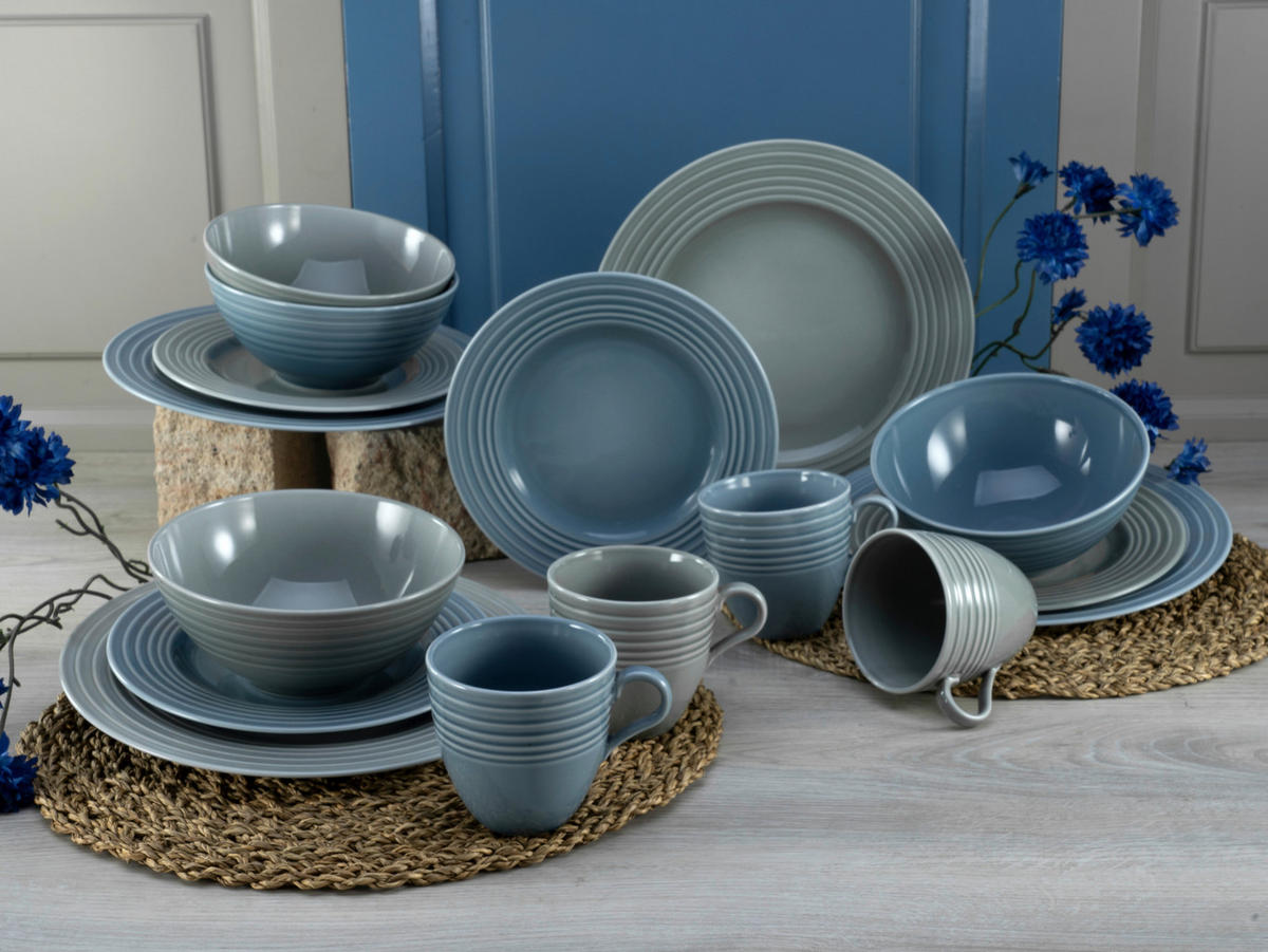 CreaTable Kombiservice Stripes stein Porzellan 16 tlg. Stripes - blau/stein - CreaTable