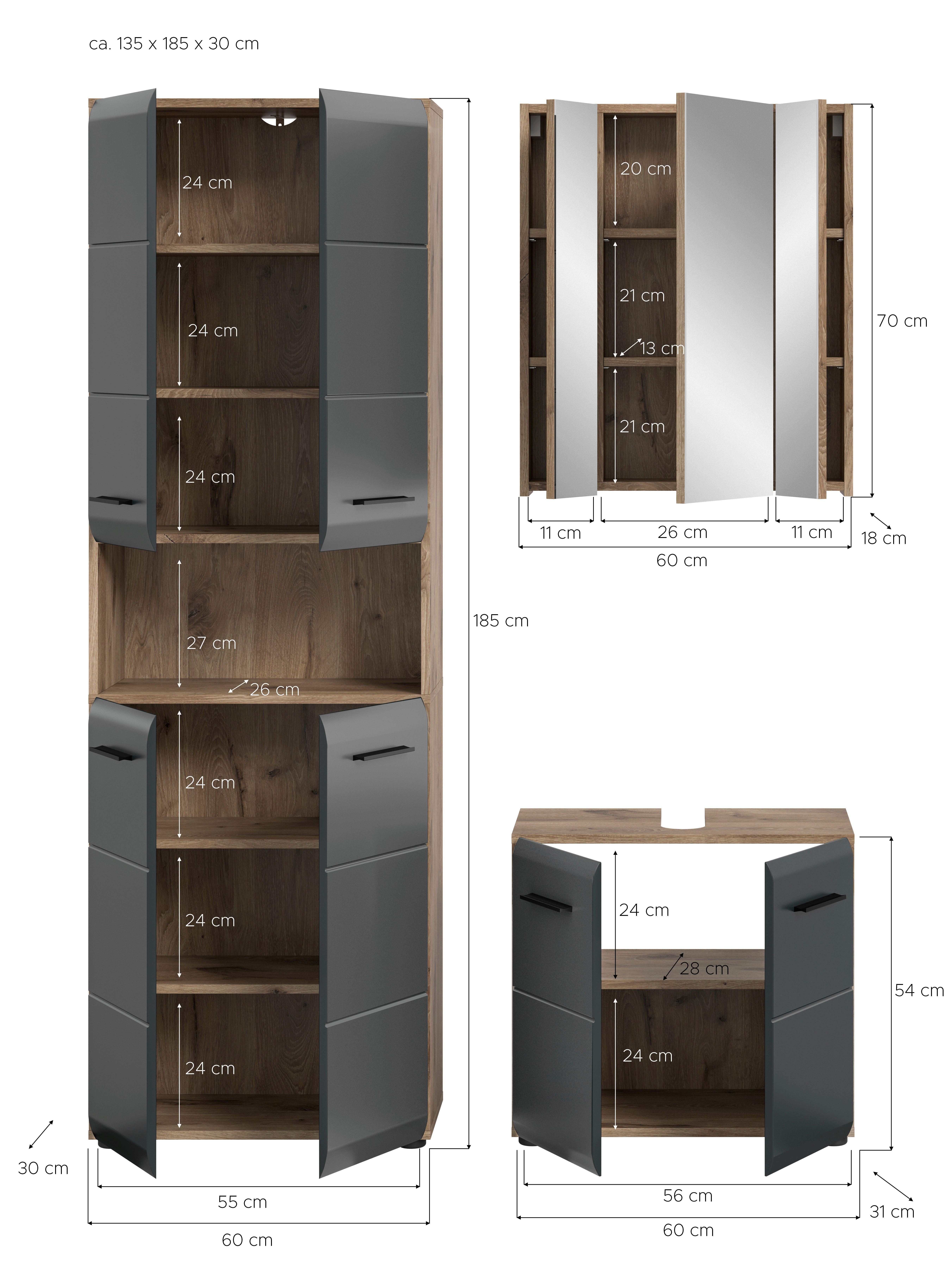 Badezimmer-Set Ice Nox Oak Nachbildung schwarz matt B/H/T: ca. 135x185x30 cm Ice - schwarz (135,00/185,00/30,00cm) - xonox.home