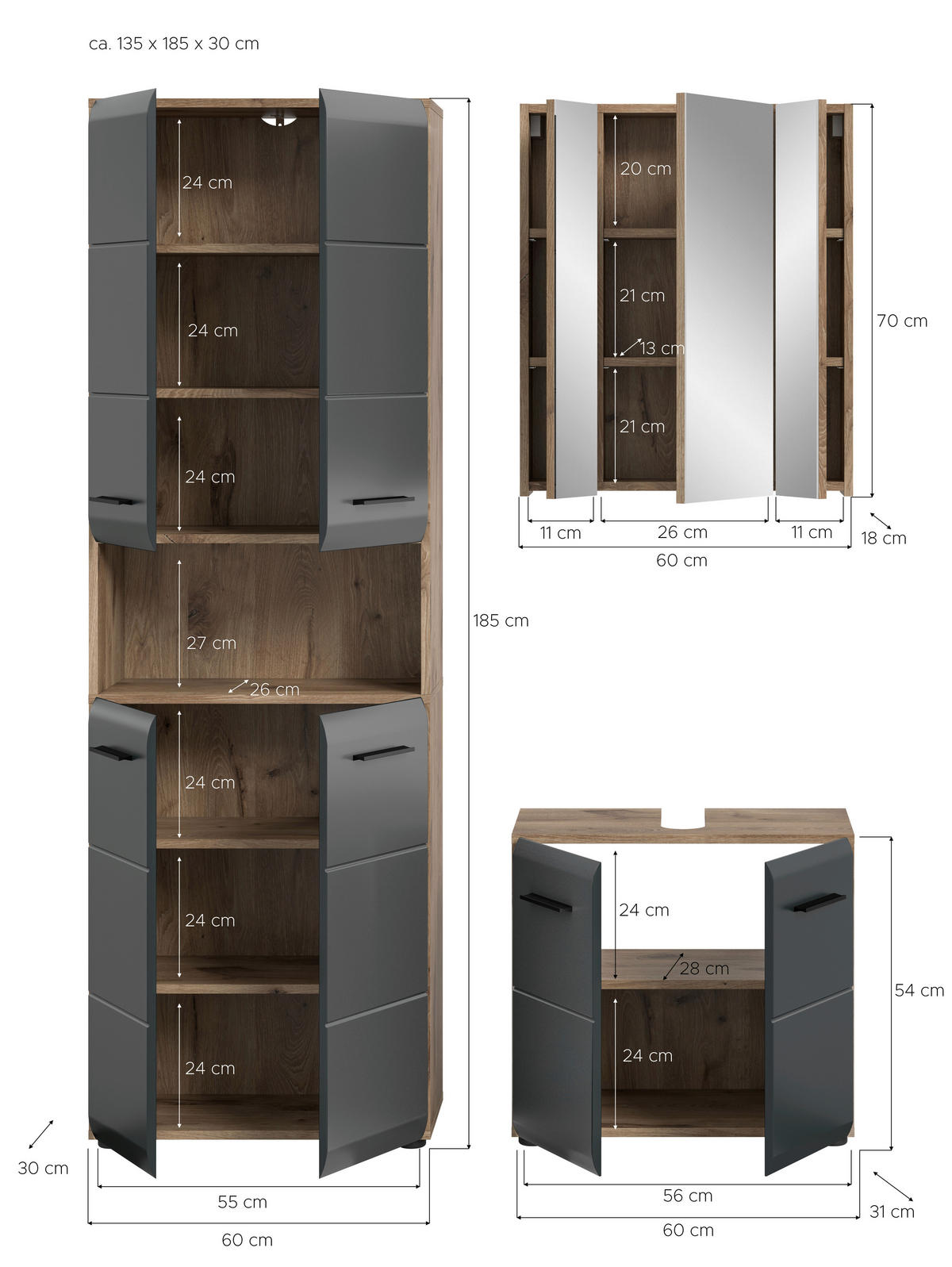 Badezimmer-Set Ice Nox Oak Nachbildung schwarz matt B/H/T: ca. 135x185x30 cm Ice - schwarz (135,00/185,00/30,00cm) - xonox.home