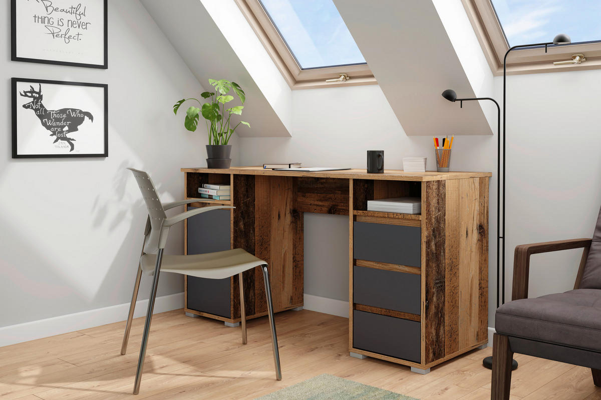 Schreibtisch LOBO Eiche Old Wood Nachbildung anthrazit B/H/T: ca. 138x75x55 cm LOBO - Eiche/anthrazit (138,00/75,00/55,00cm) - byLIVING