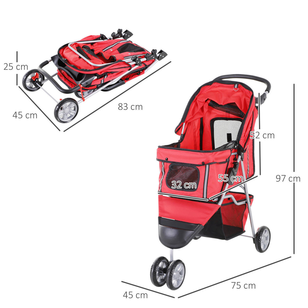 PawHut Hunde-Zubehör rot Polyester B/H/L: ca. 45x75x97 cm Hundewagen - rot (97,00/45,00/75,00cm) - PawHut
