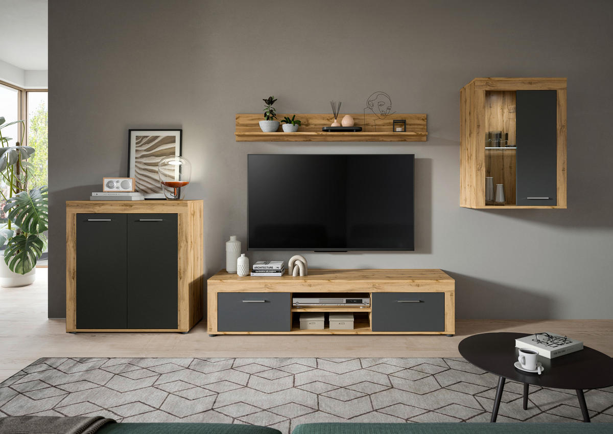 Wohnwand Jam Eiche Wotan Nachbildung grau B/H/T: ca. 330x169x35 cm Jam - Eiche/grau (330,00/169,00/35,00cm) - xonox.home