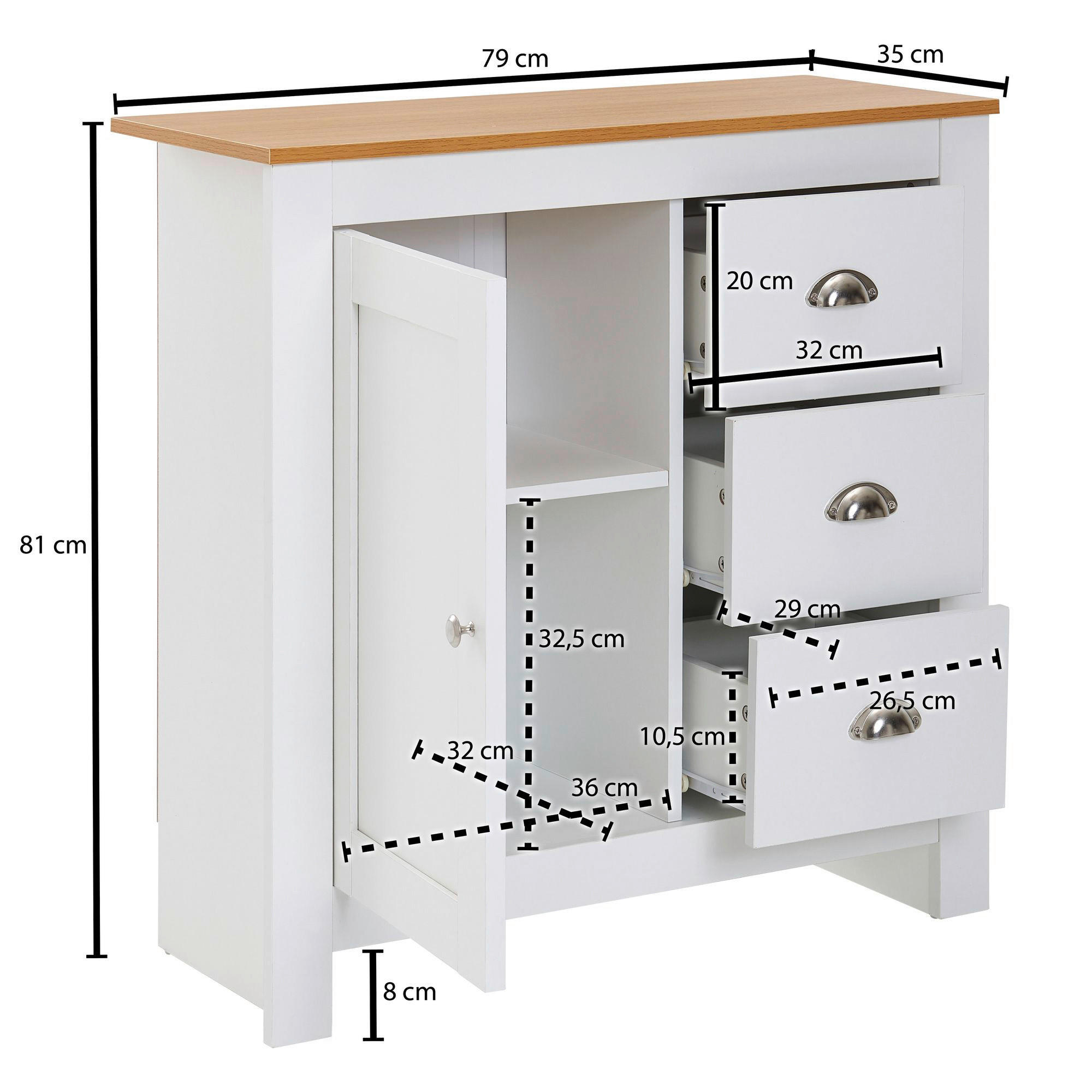 Sideboard weiß natur B/H/T: ca. 79x81x35 cm Sideboard - weiß/natur (79,00/81,00/35,00cm) - Wohnling