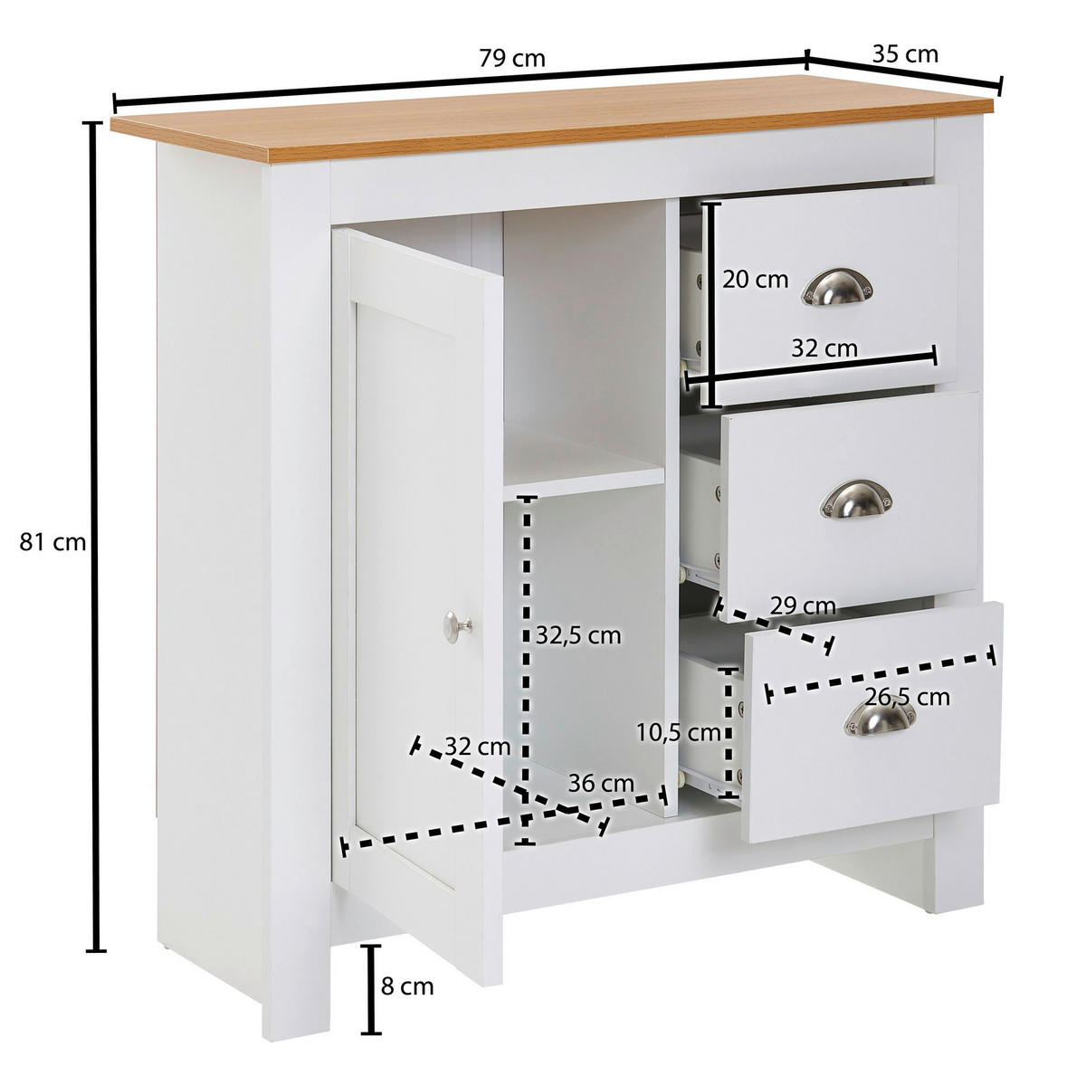 Sideboard weiß natur B/H/T: ca. 79x81x35 cm Sideboard - weiß/natur (79,00/81,00/35,00cm) - Wohnling