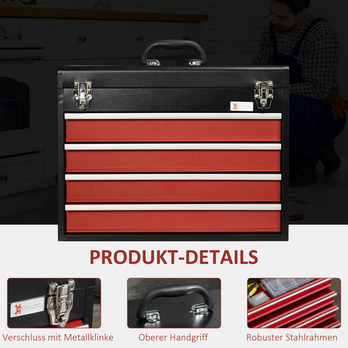 B/H/L: ca. 22x51x39,5 cm Werkzeugkiste - rot/schwarz (39,50/22,00/51,00cm) - DURHAND