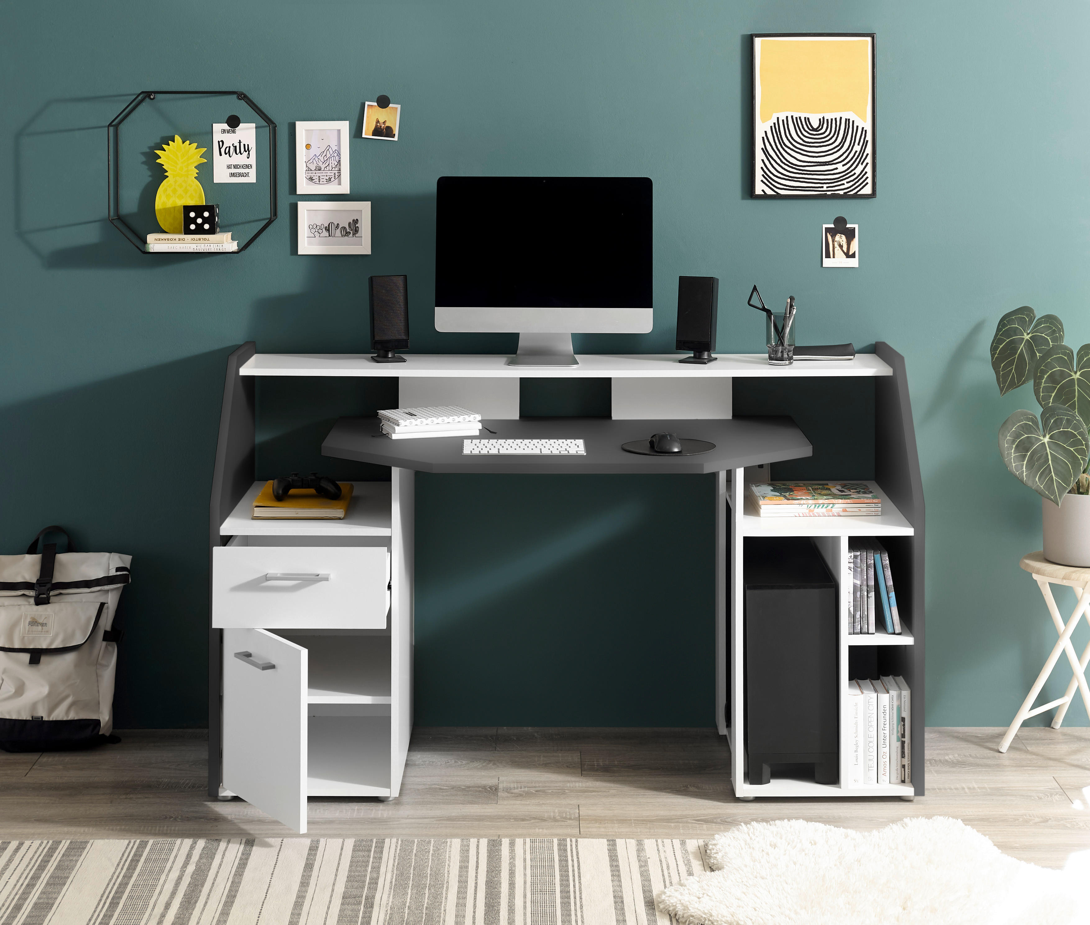 Thumbnail - Gamingschreibtisch Alex weiß Graphit B/H/T: ca. 160x95x67 cm