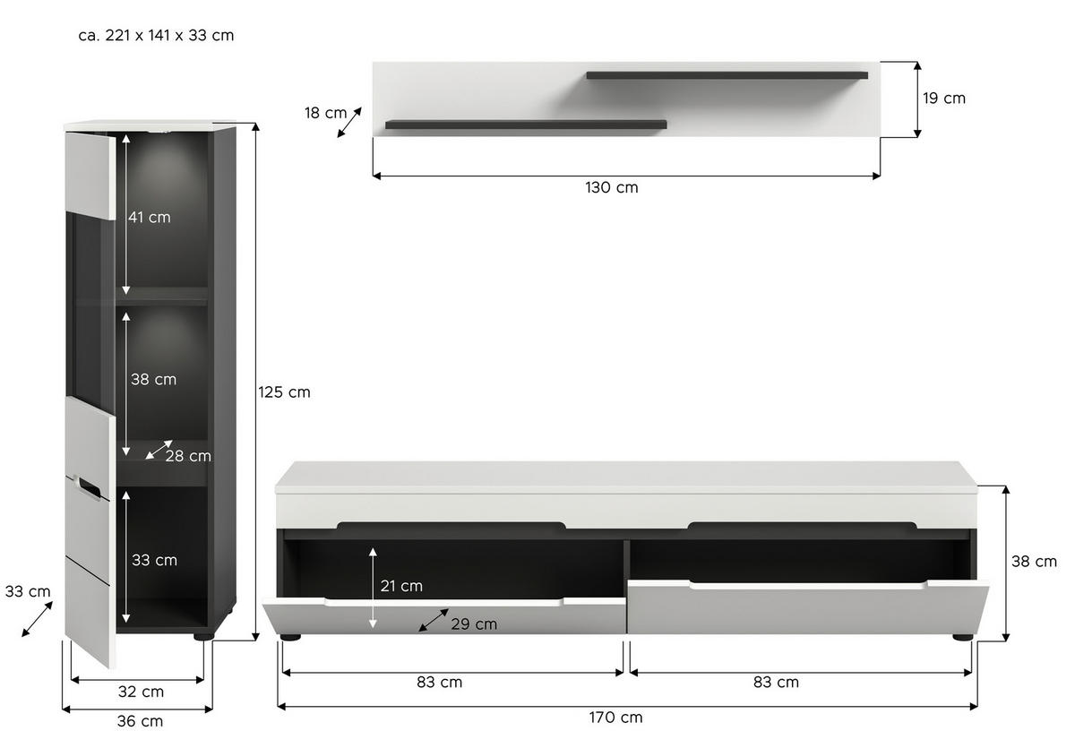Wohnwand Canu basaltgrau weiß B/H/T: ca. 221x141x33 cm Canu - weiß/basaltgrau (221,00/141,00/33,00cm) - xonox.home