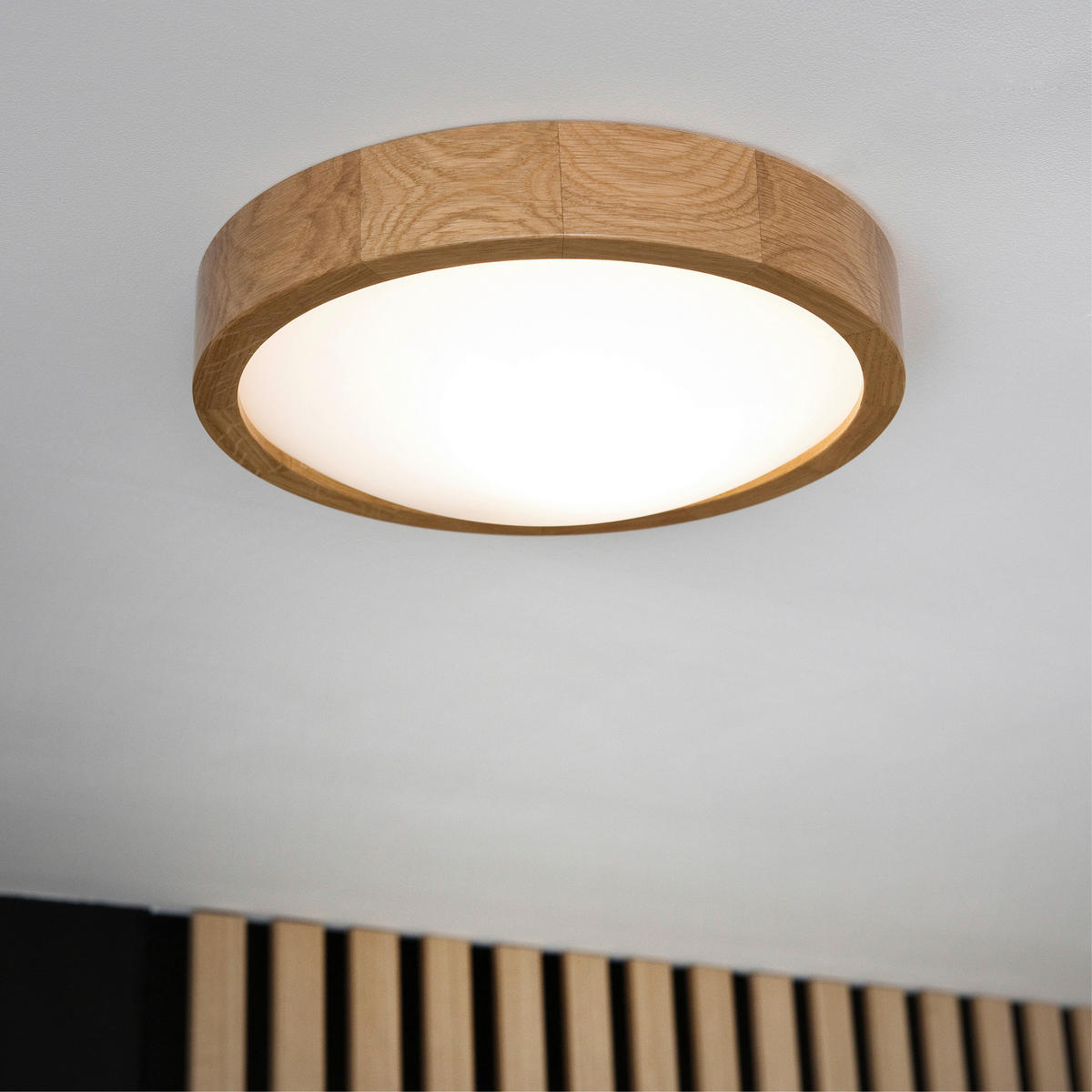 Lamkur Deckenleuchte ANELLO 40790 Eiche Glas Holz H/L: ca. 8x27 cm E27 1 Brennstellen Anello - Eiche (27,00cm) - Lamkur