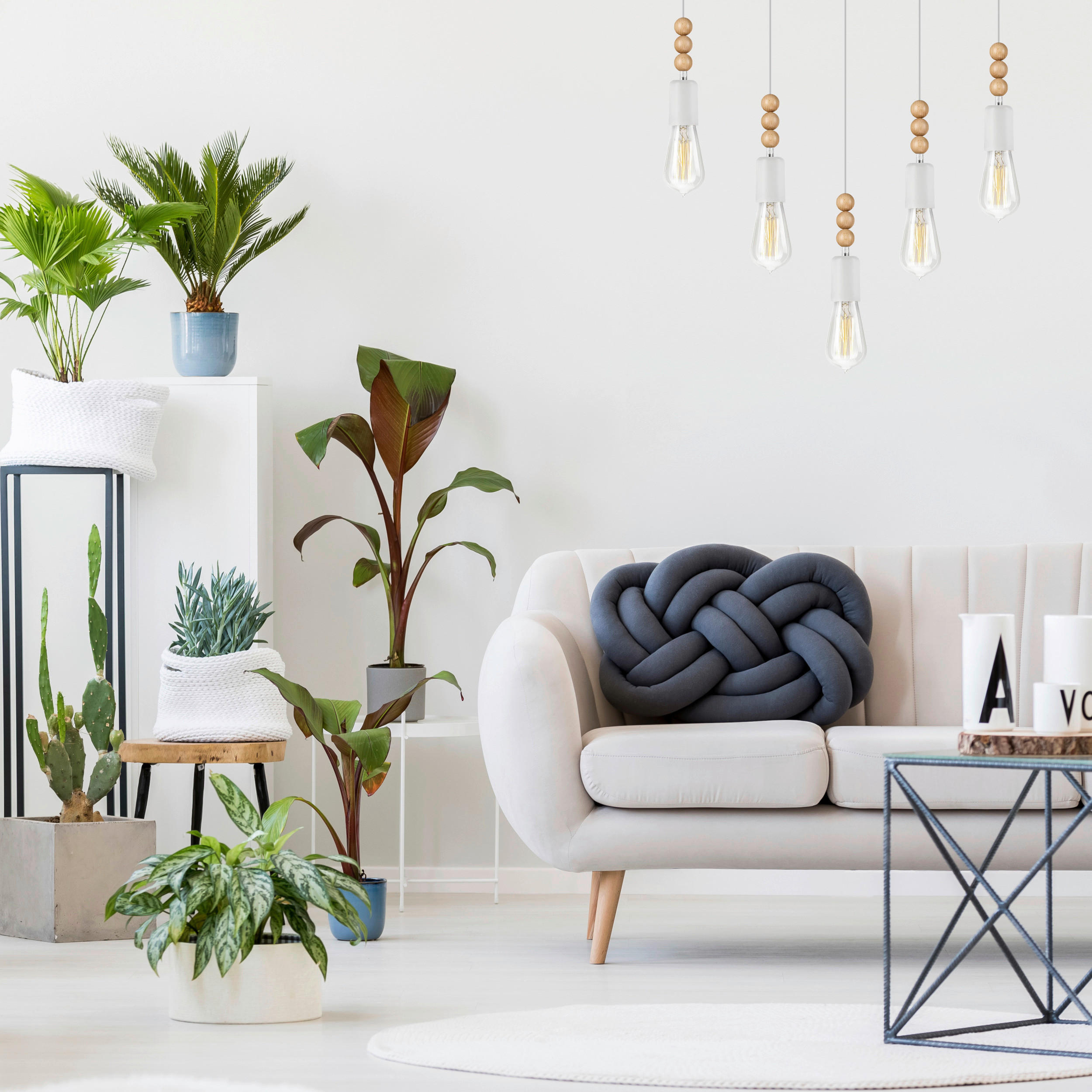 Thumbnail - Lamkur Pendelleuchte SIMON 37332 weiß Stahl Holz H/L: ca. 94x60 cm E27 5 Brennstellen