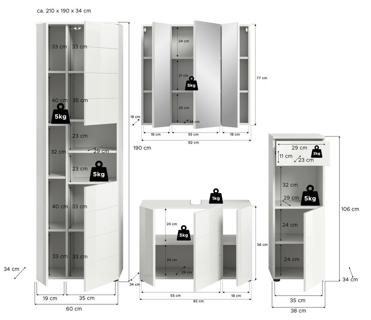 Badezimmer-Set VIRA weiß weiß Hochglanz B/H/T: ca. 210x190x34 cm VIRA - weiß (210,00/190,00/34,00cm) - xonox.home