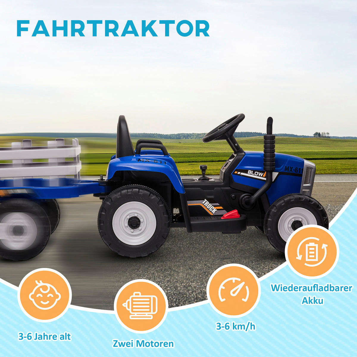 HOMCOM Kinder Elektro-Traktor blau B/H/L: ca. 50x52,5x136,5 cm Kinder Elektro-Traktor - blau (136,50/50,00/52,50cm) - HOMCOM