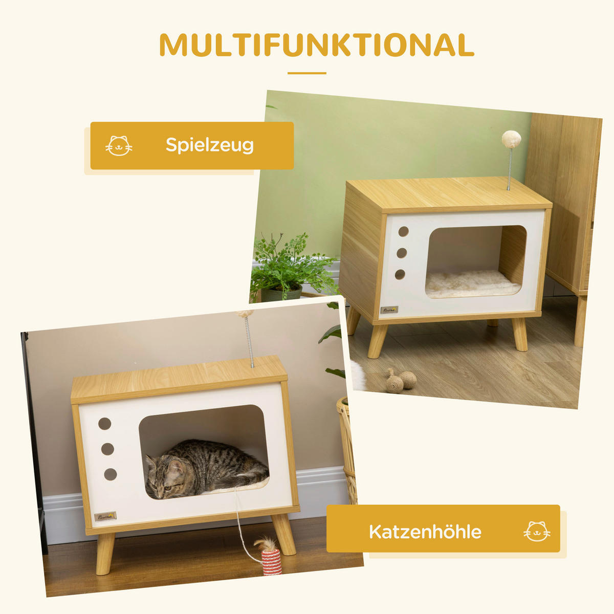 PawHut Katzenhaus beige Spanplatte B/H/L: ca. 28x43x50 cm Katzenhaus - beige/Eiche (50,00/28,00/43,00cm) - PawHut