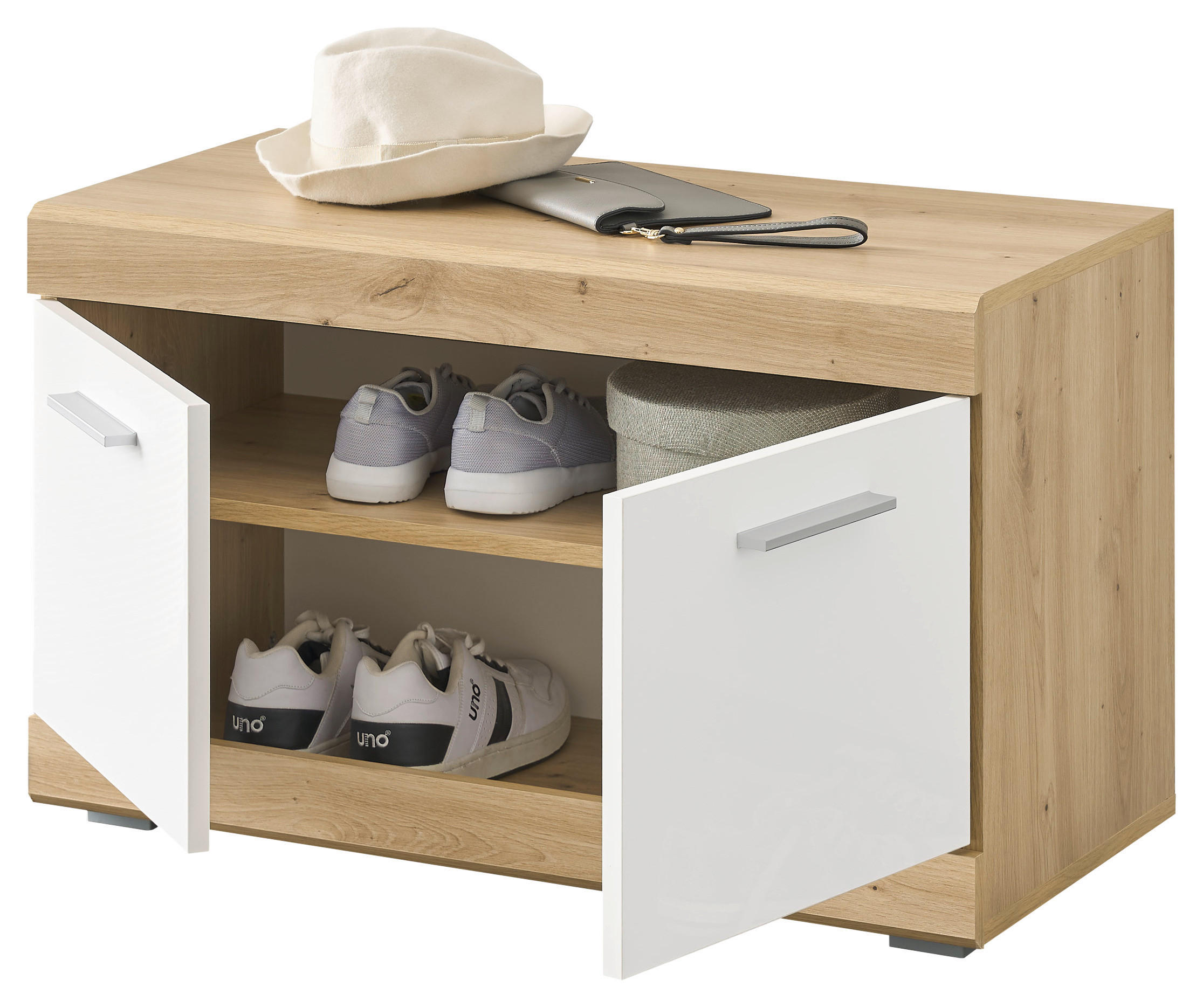 Sitzbank Nola Eiche Artisan Nachbildung weiß Hochglanz B/H/T: ca. 80x49x38 cm Nola - Eiche/weiß (80,00/49,00/38,00cm)