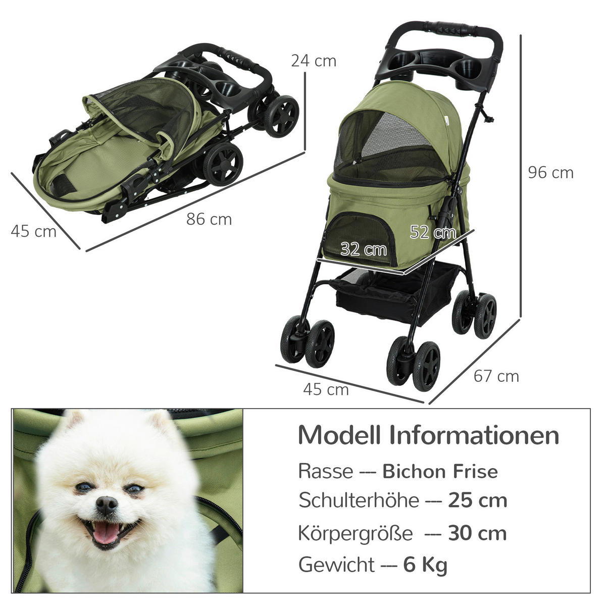 PawHut Hunde-Zubehör dunkelgrün Polyester B/H/L: ca. 45x67x96 cm Hundebuggy - dunkelgrün (96,00/45,00/67,00cm) - PawHut