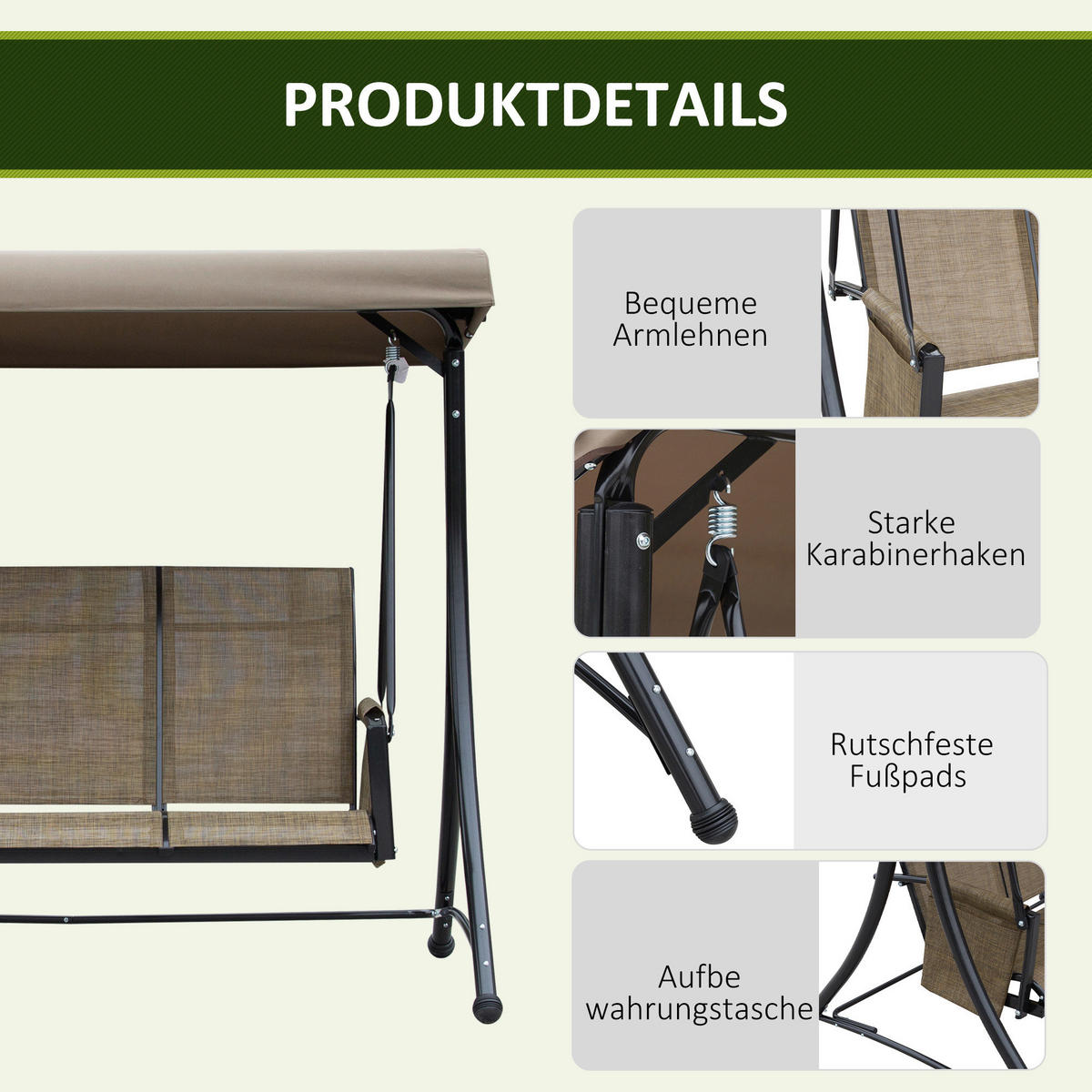 Outsunny Hollywoodschaukel braun Polyester B/H/L: ca. 128x172x196 cm Hollywoodschaukel - braun (196,00/128,00/172,00cm) - Outsunny
