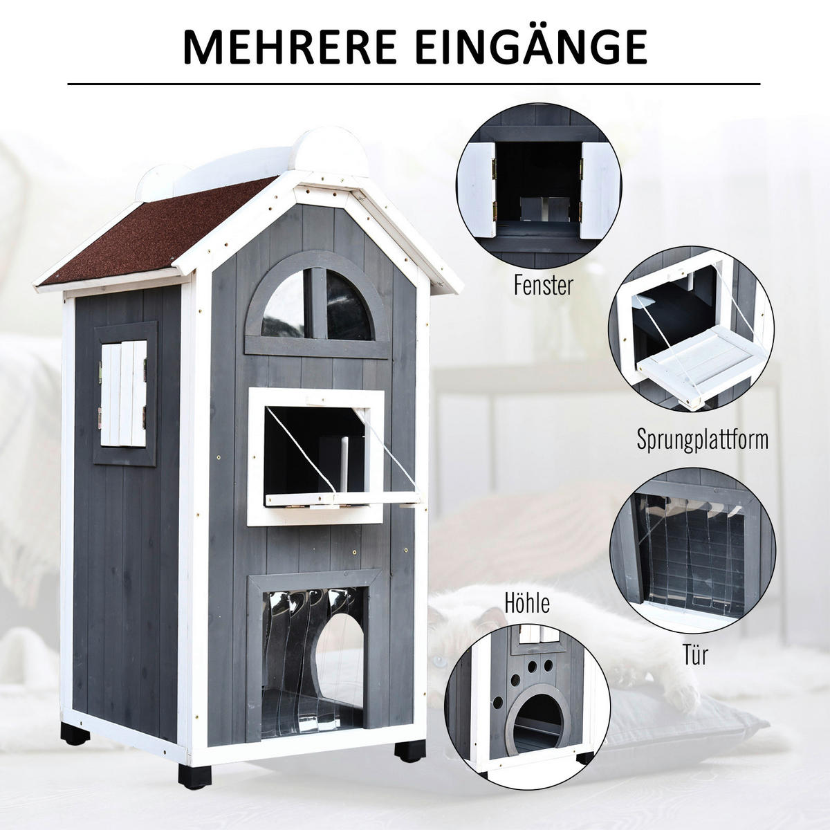 PawHut Katzenvilla grau Holz B/H/L: ca. 55x109x59 cm Katzenvilla - weiß/grau (59,00/55,00/109,00cm) - PawHut