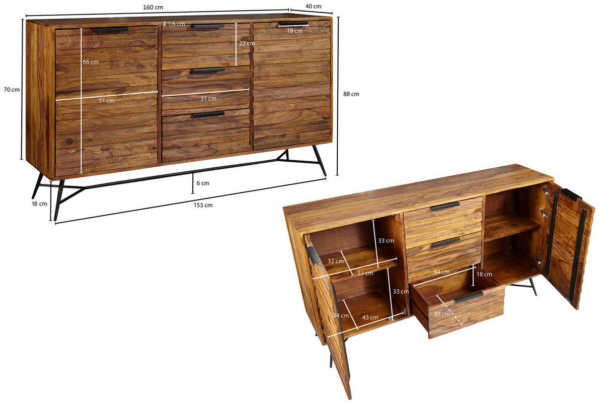 Sideboard natur schwarz B/H/T: ca. 160x88x40 cm Sideboard - natur/schwarz (160,00/88,00/40,00cm) - Wohnling