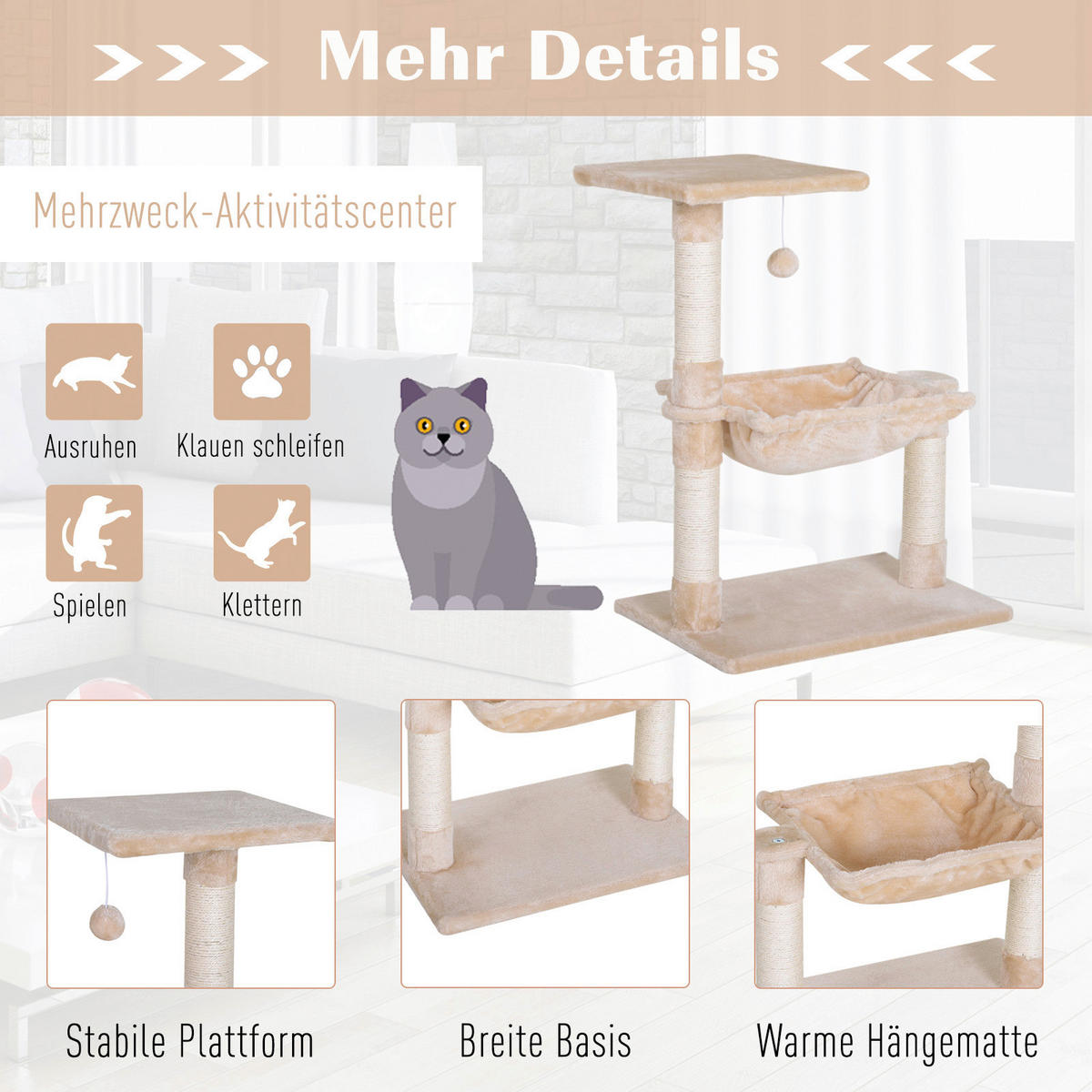 PawHut Katzenbaum beige Spanplatte B/H/L: ca. 36x70x50 cm Katzenbaum - beige (50,00/36,00/70,00cm) - PawHut