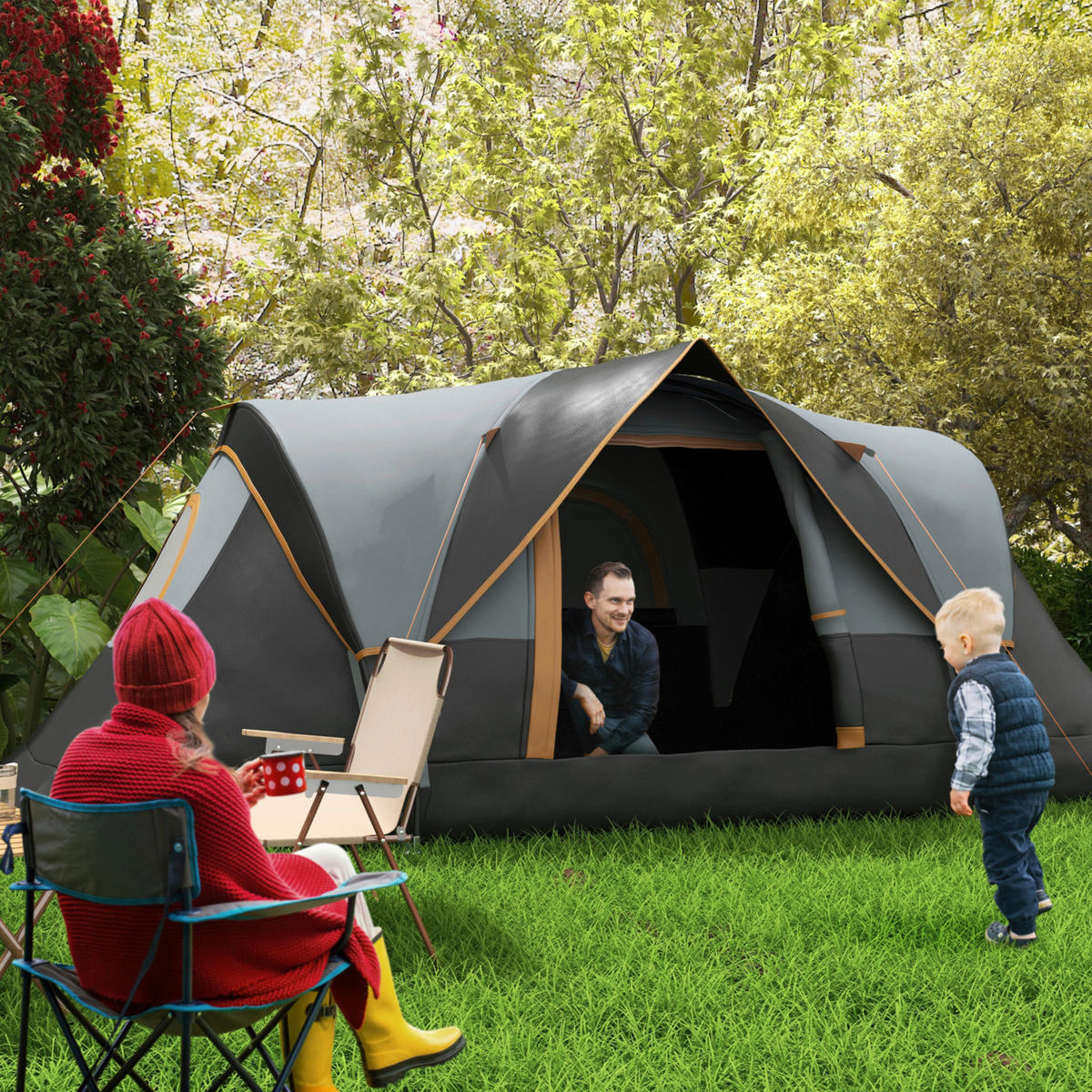 Outsunny Campingzelt schwarz Stahl B/H/L: ca. 220x180x455 cm Campingzelt - hellgrau/schwarz (455,00/220,00/180,00cm) - Outsunny