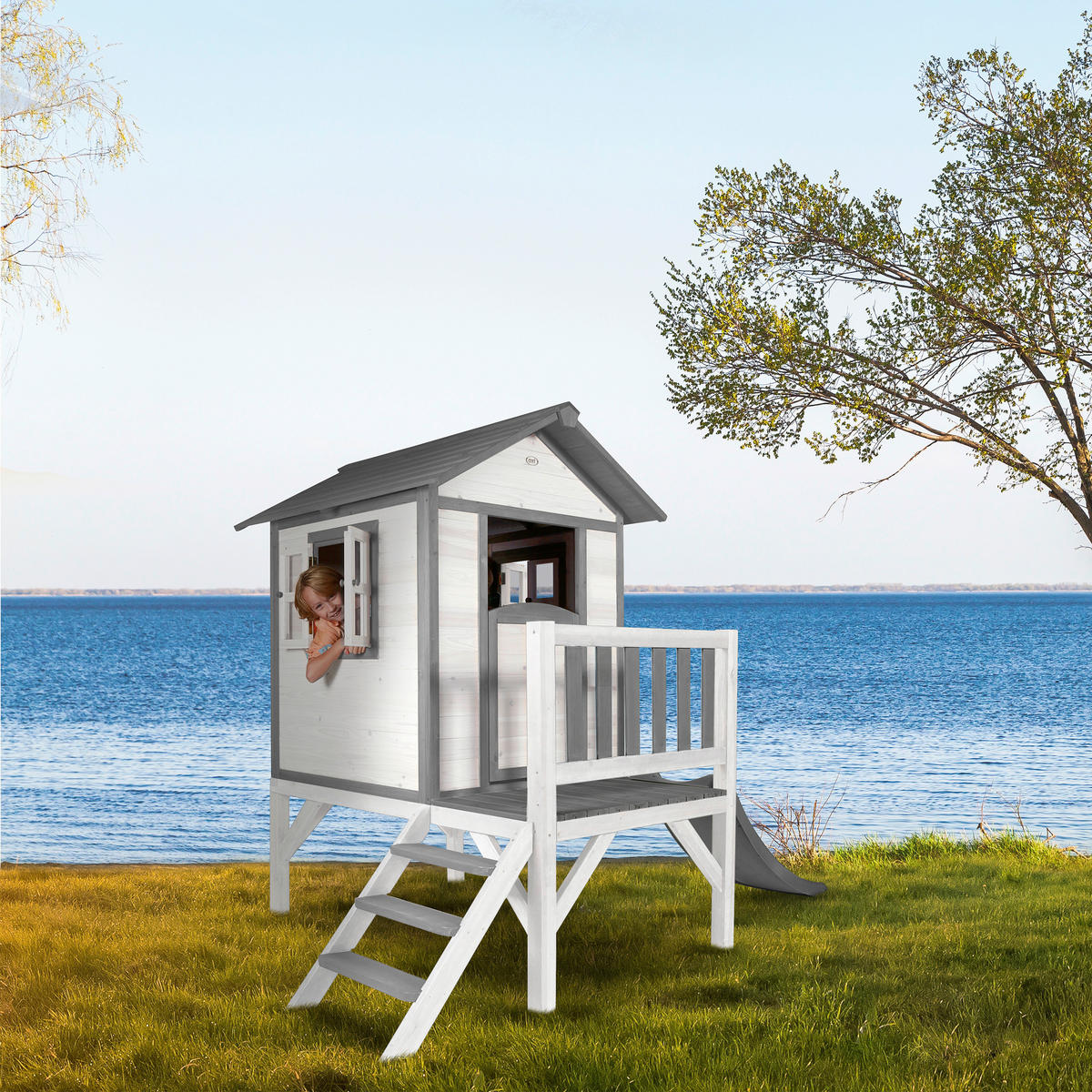 AXI Spielhaus Lodge XL grau B/H/L: ca. 240x189x167 cm Lodge XL - weiß/grau (167,00/240,00/189,00cm) - AXI