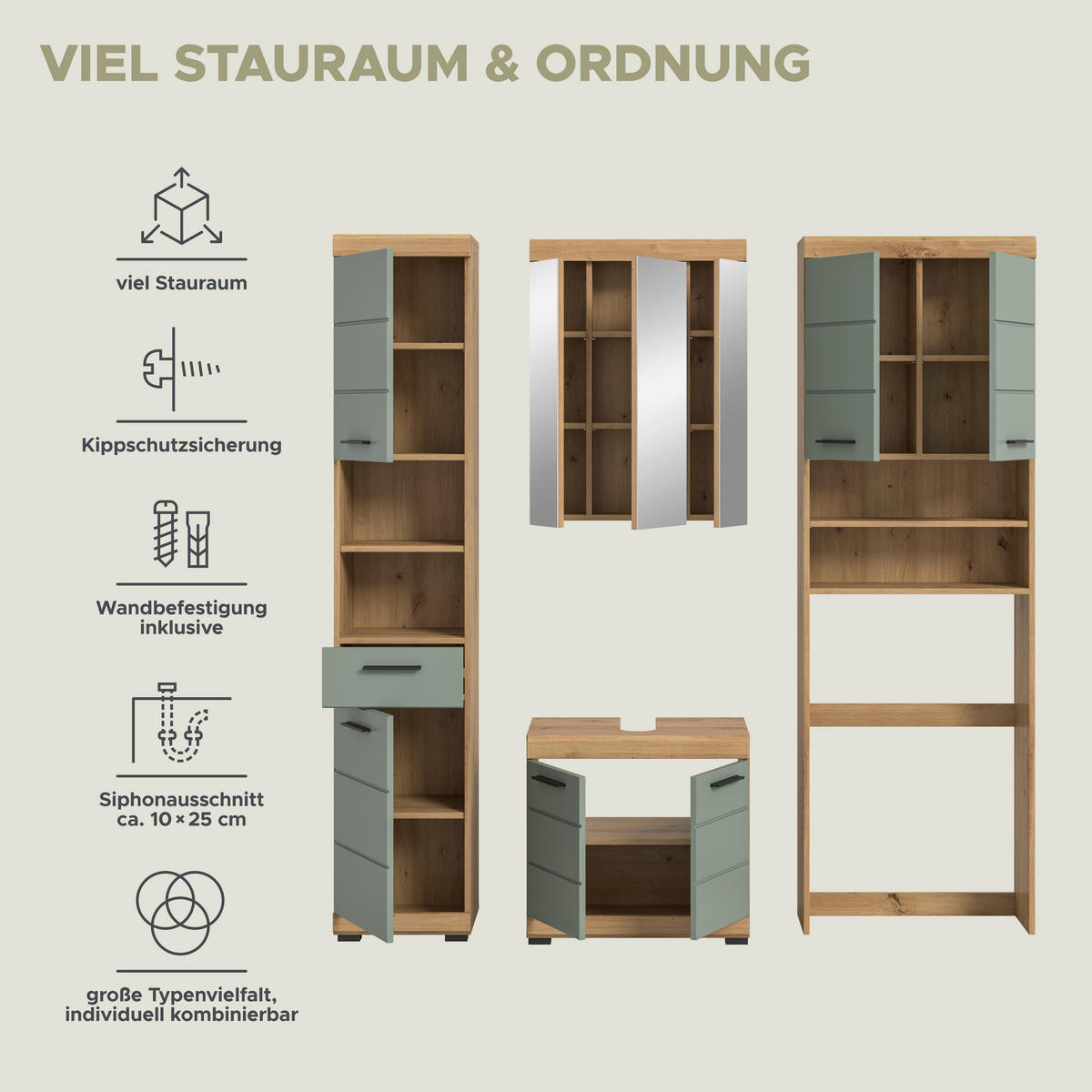 Badezimmer-Set Scout Eiche Artisan Nachbildung salbei Nachbildung B/H/T: ca. 190x191x34 cm Scout - Eiche/salbei (190,00/191,00/34,00cm) - xonox.home