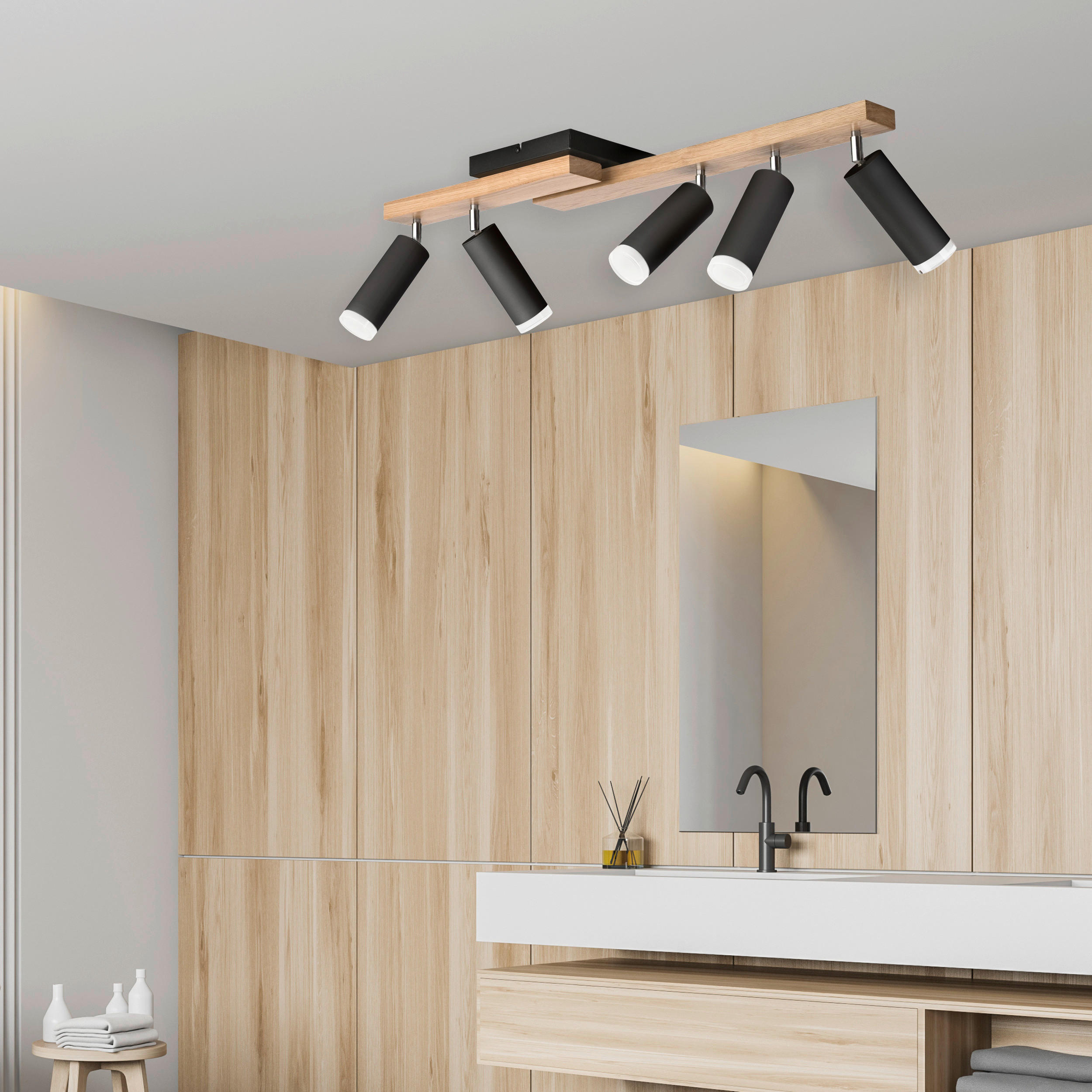 Thumbnail - Lamkur Deckenleuchte schwarz Holz B/H/L: ca. 20x23,5x84 cm 5 Brennstellen