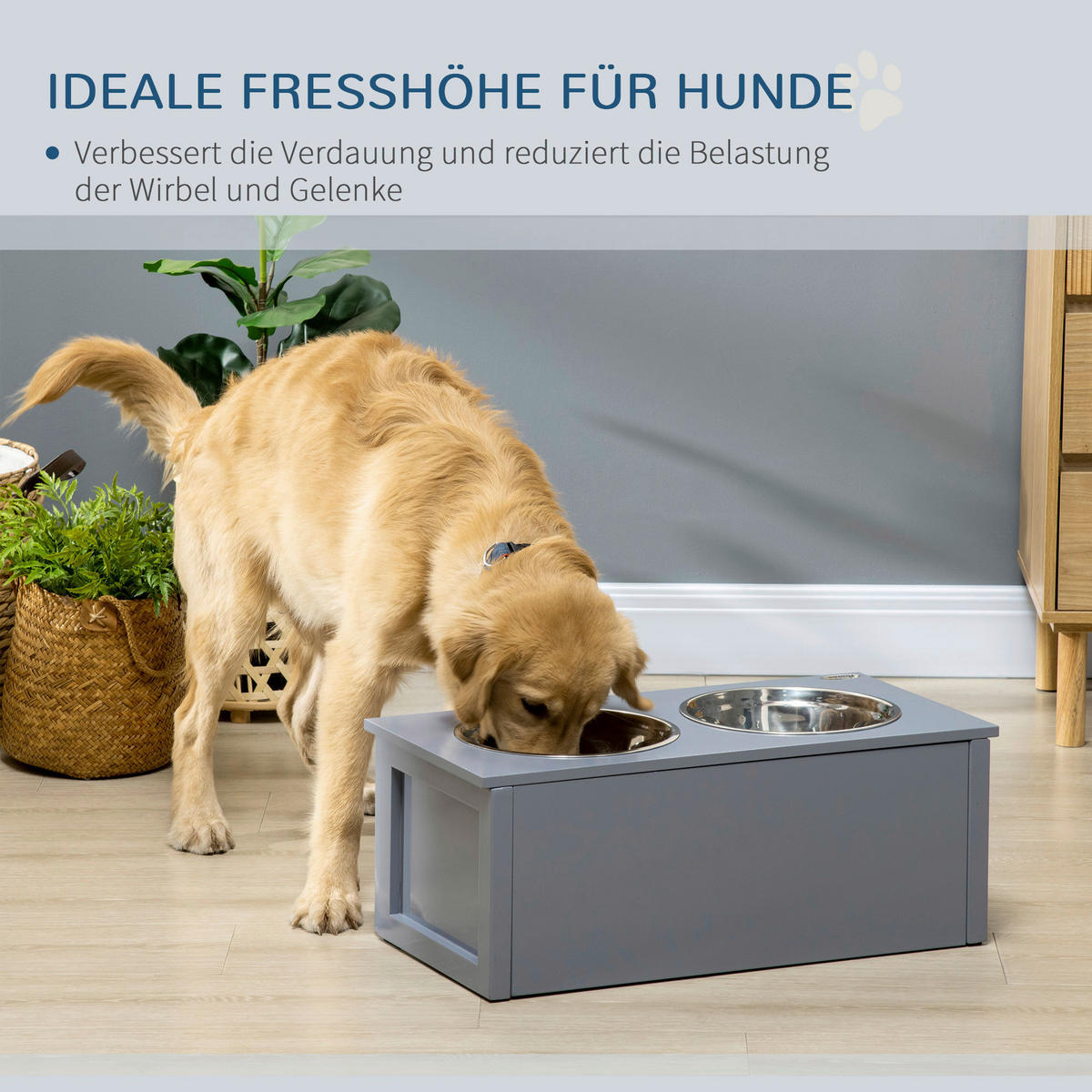 PawHut Hunde-Zubehör grau MDF B/H/L: ca. 30x60x24 cm Hundenapf - grau (24,00/30,00/60,00cm) - PawHut
